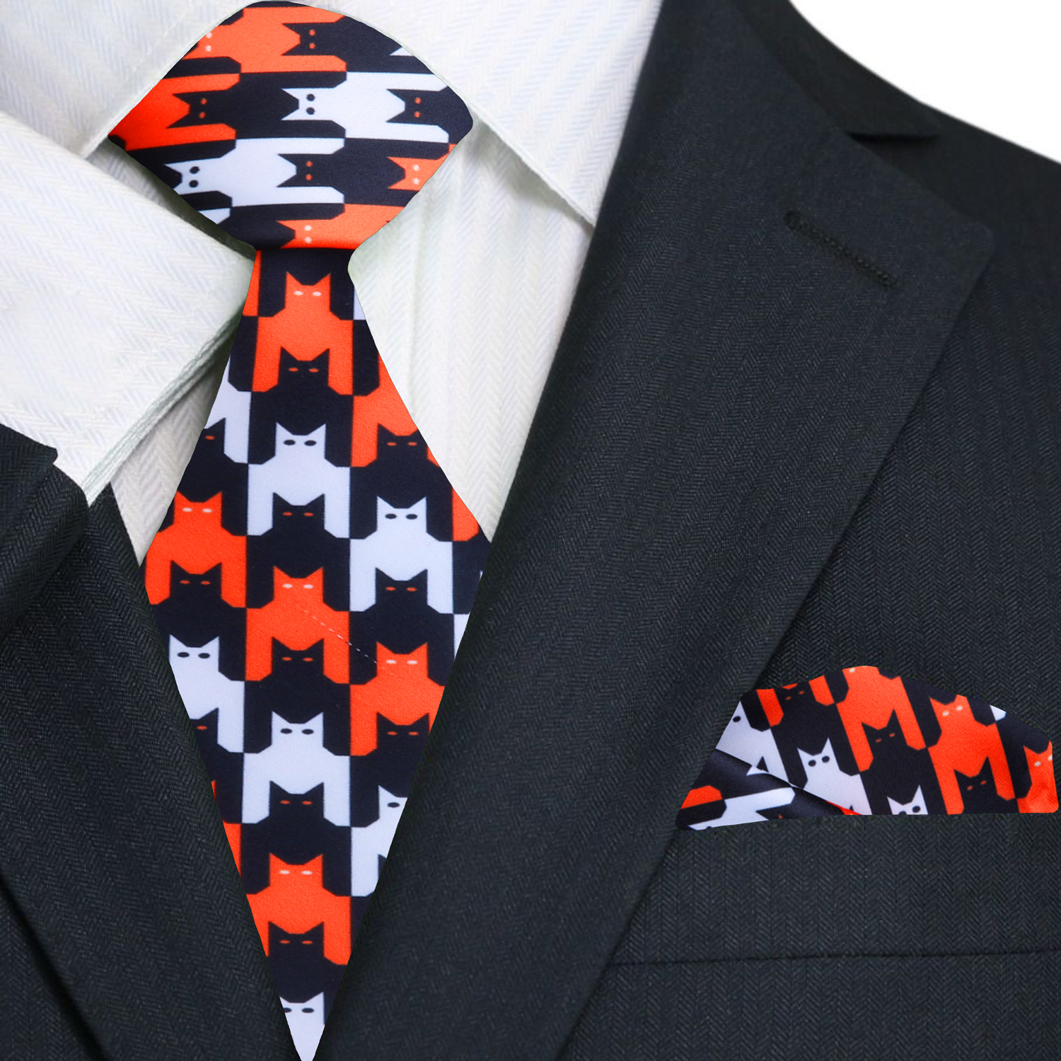 Premium Black, Orange, White Bats and Cats Tie And Pocket Square