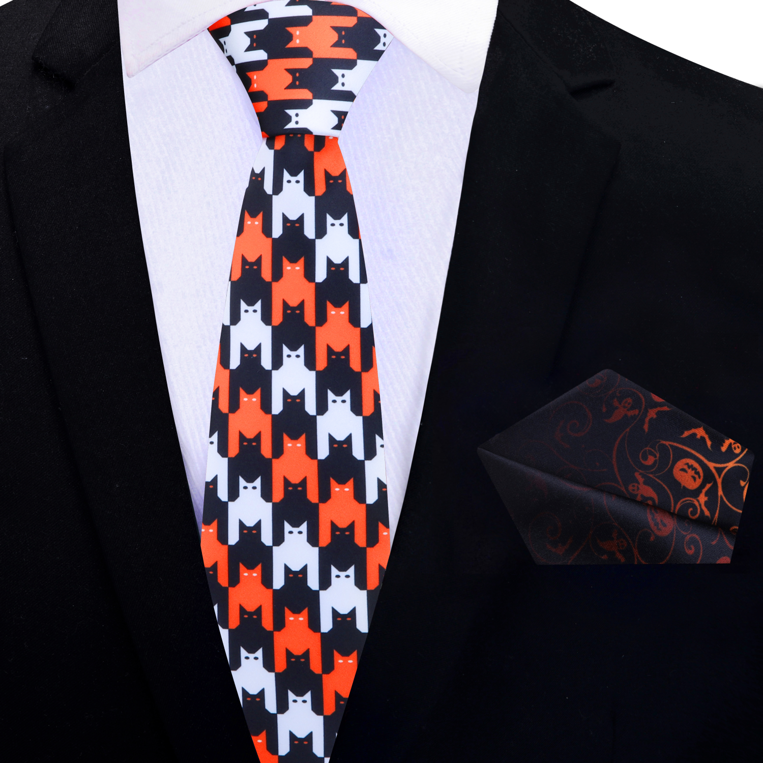 Thin Black, Orange and White Bats and Cats Necktie and Accenting Square