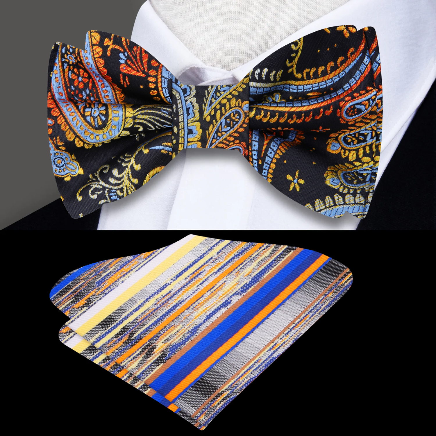 Black, Orange, Blue, Red, Yellow Paisley Bow Tie and Accenting Square
