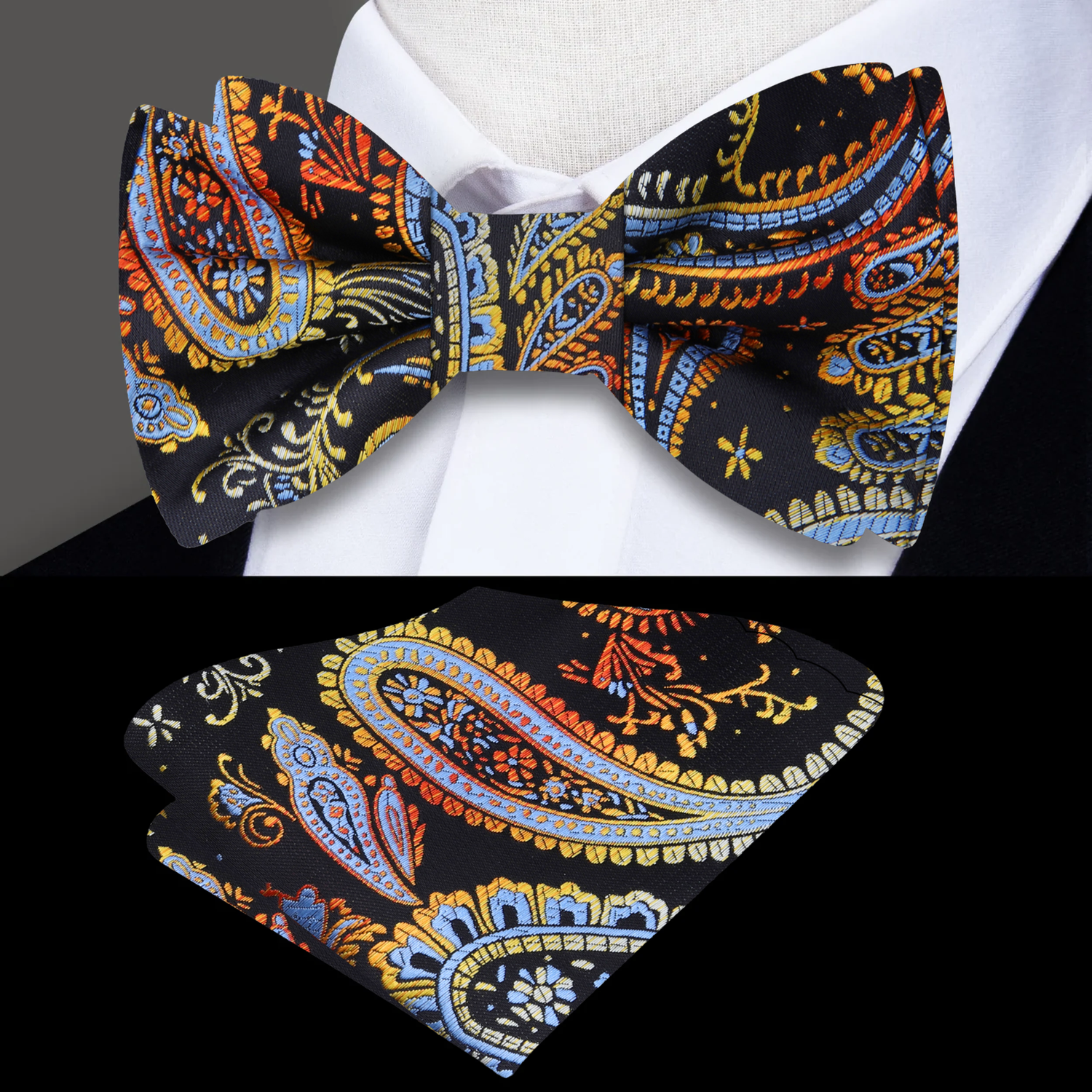 Black, Orange, Blue, Red, Yellow Paisley Bow Tie and Matching Square