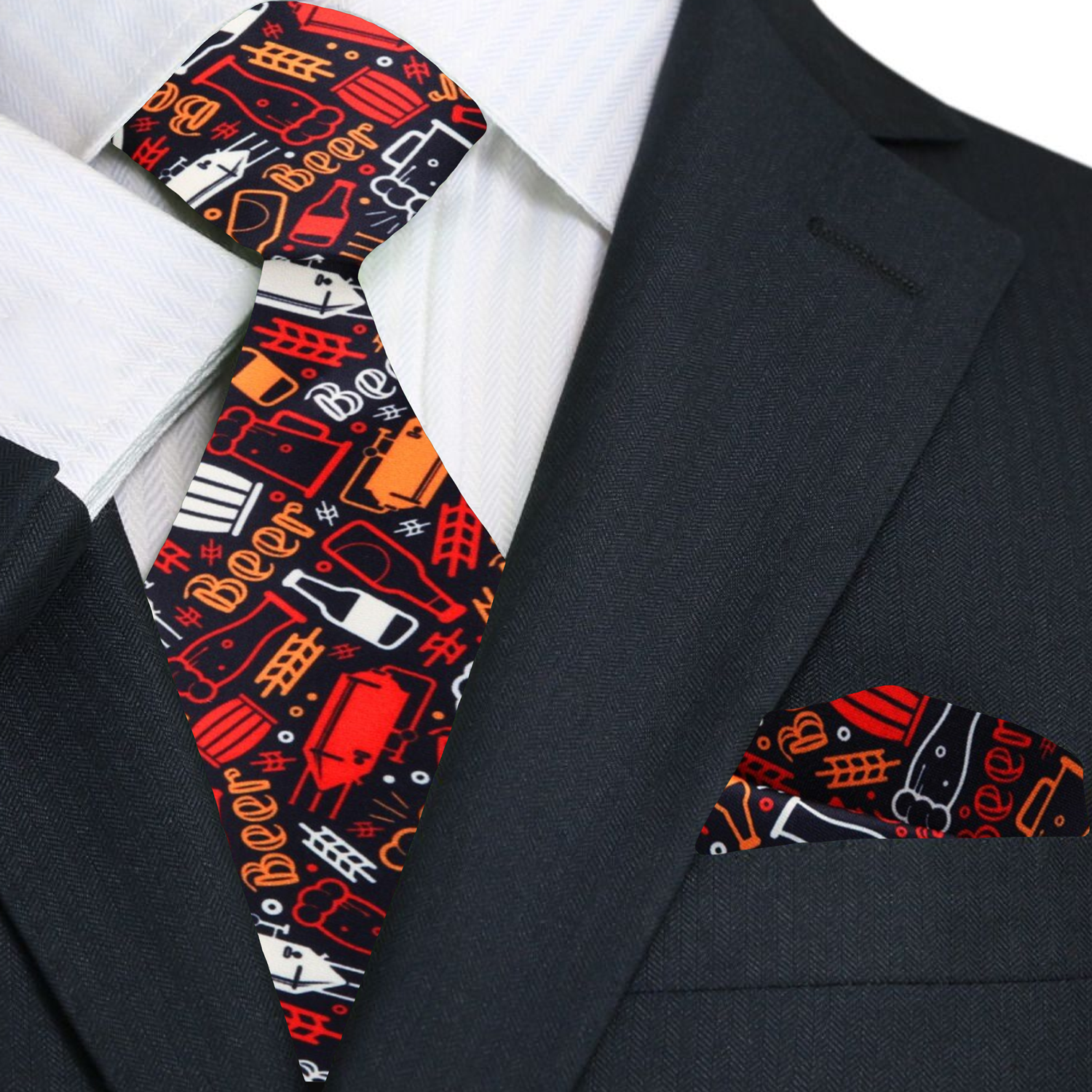 Premium Black, Red, Orange, White Beer Themed Tie and Pocket Square