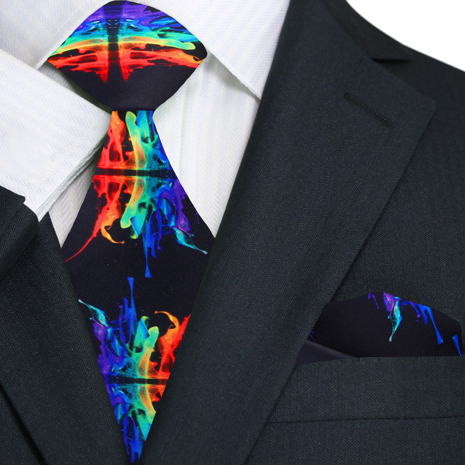 Premium Black with Colorful Paint Splash Tie and Pocket Square