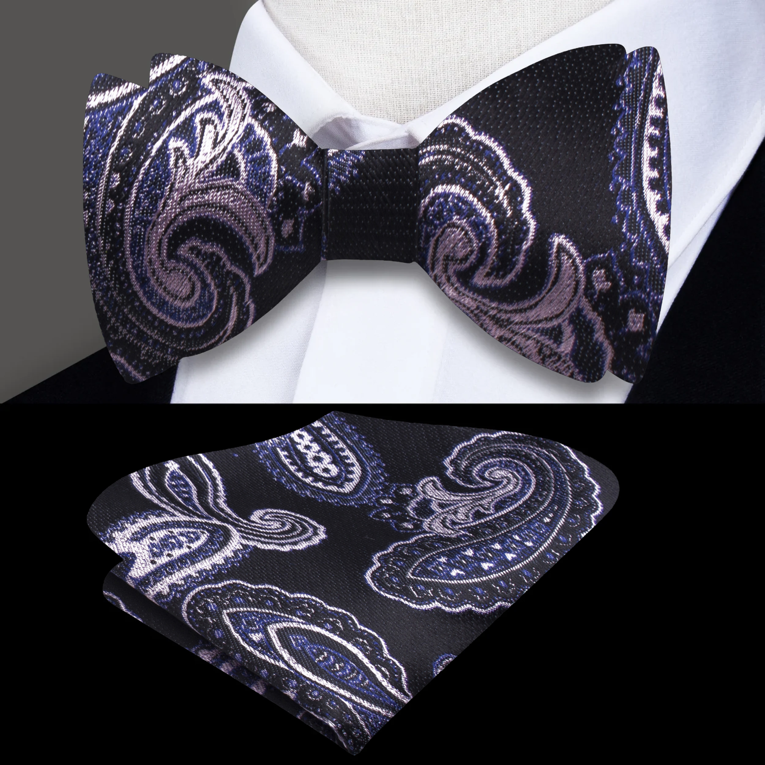 A Black, Pink Paisley Pattern Silk Self Tie Bow Tie, Matching Pocket Square