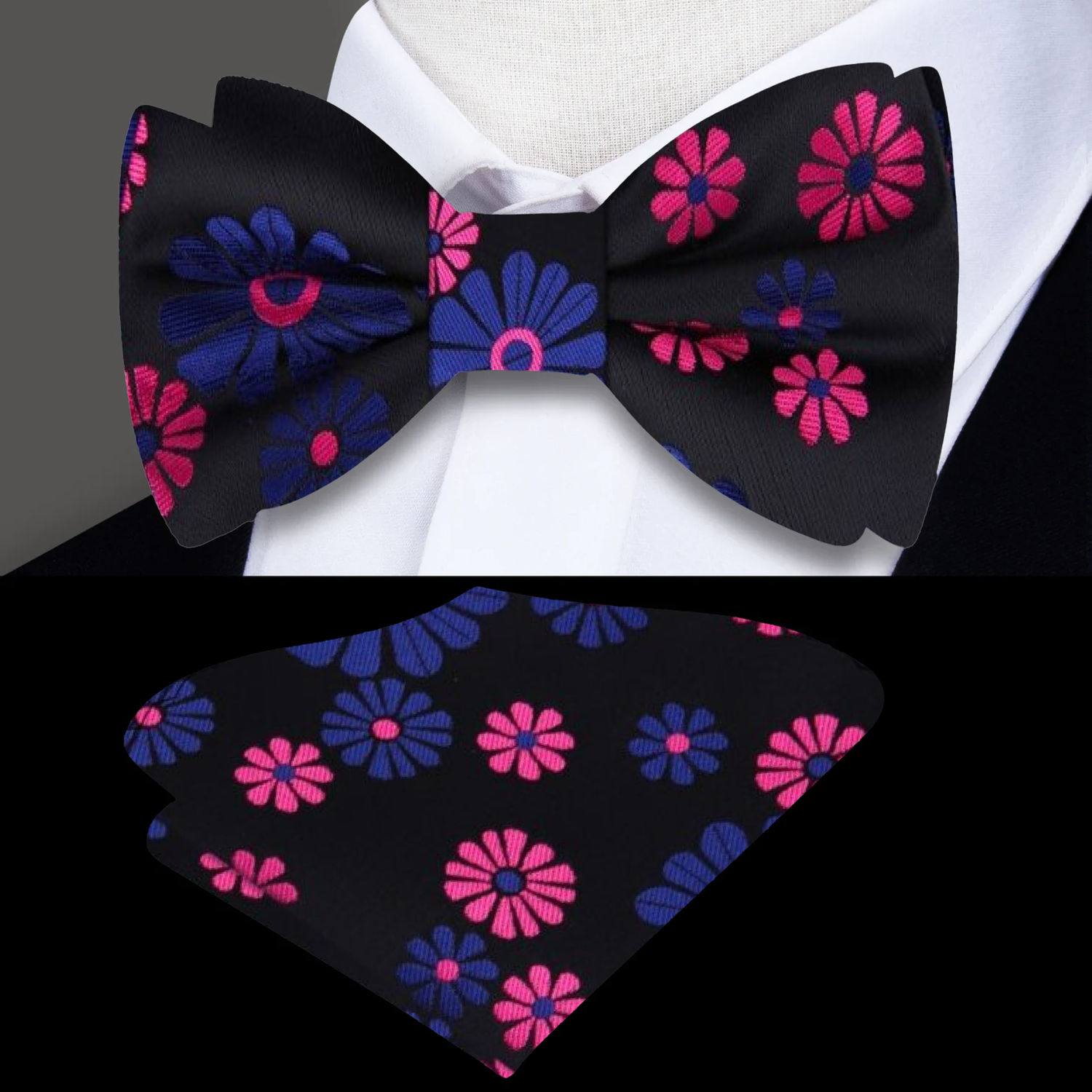 Black Pink Blue Simple Flower Bow Tie and Square