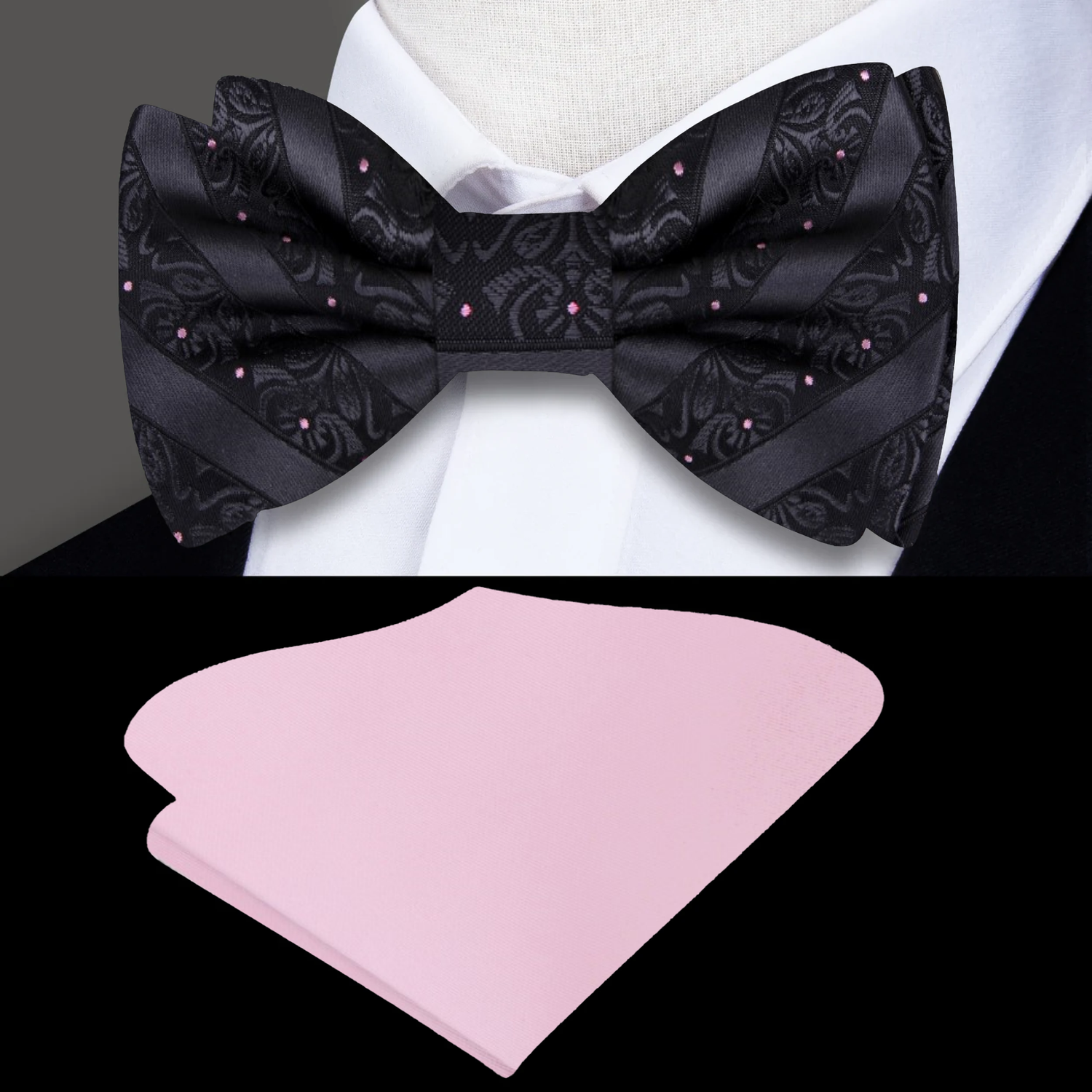 Black, Pink Dot Floral Texture Bow Tie and Pink Square