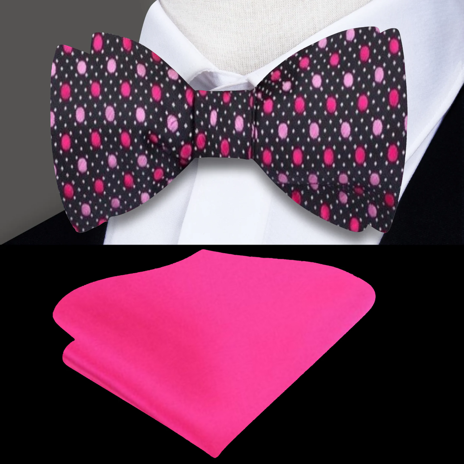 Black, Pink Modern Polka Bow Tie and Pocket Square