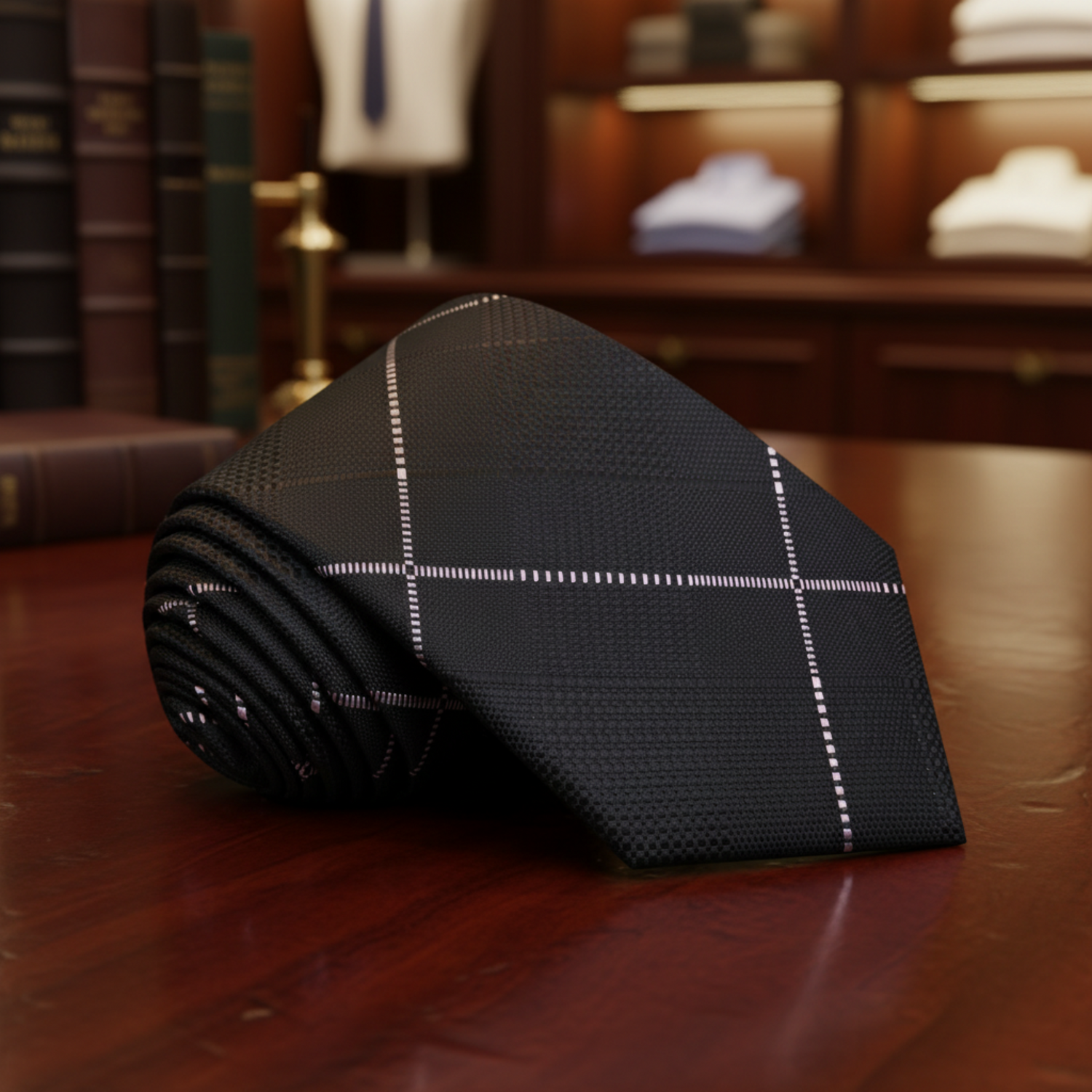 A black necktie with a textured micro-pattern and a thin white dotted windowpane plaid design, shown rolled and laid flat on a white background.