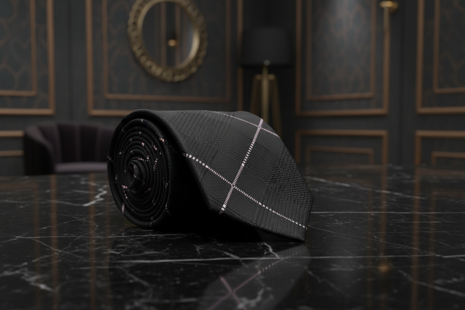 Black patterned tie on a dark marble surface with a decorative background