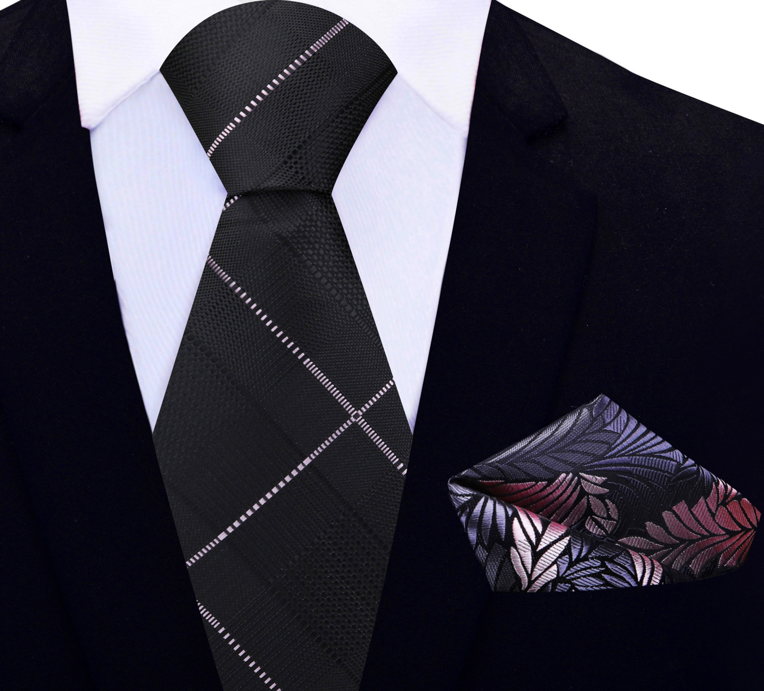 View 2: Black, Pink Plaid Tie and Grey, Pink Feather Square