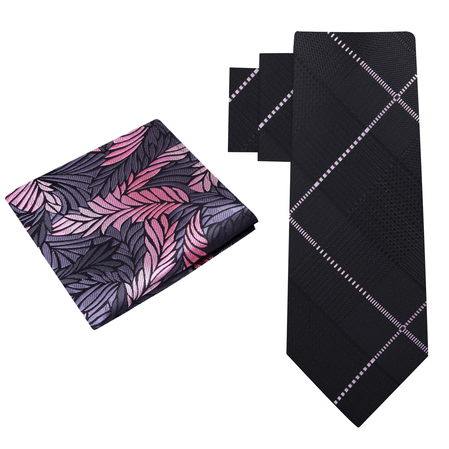 Alt View: Black, Pink Plaid Tie and Grey, Pink Feather Square