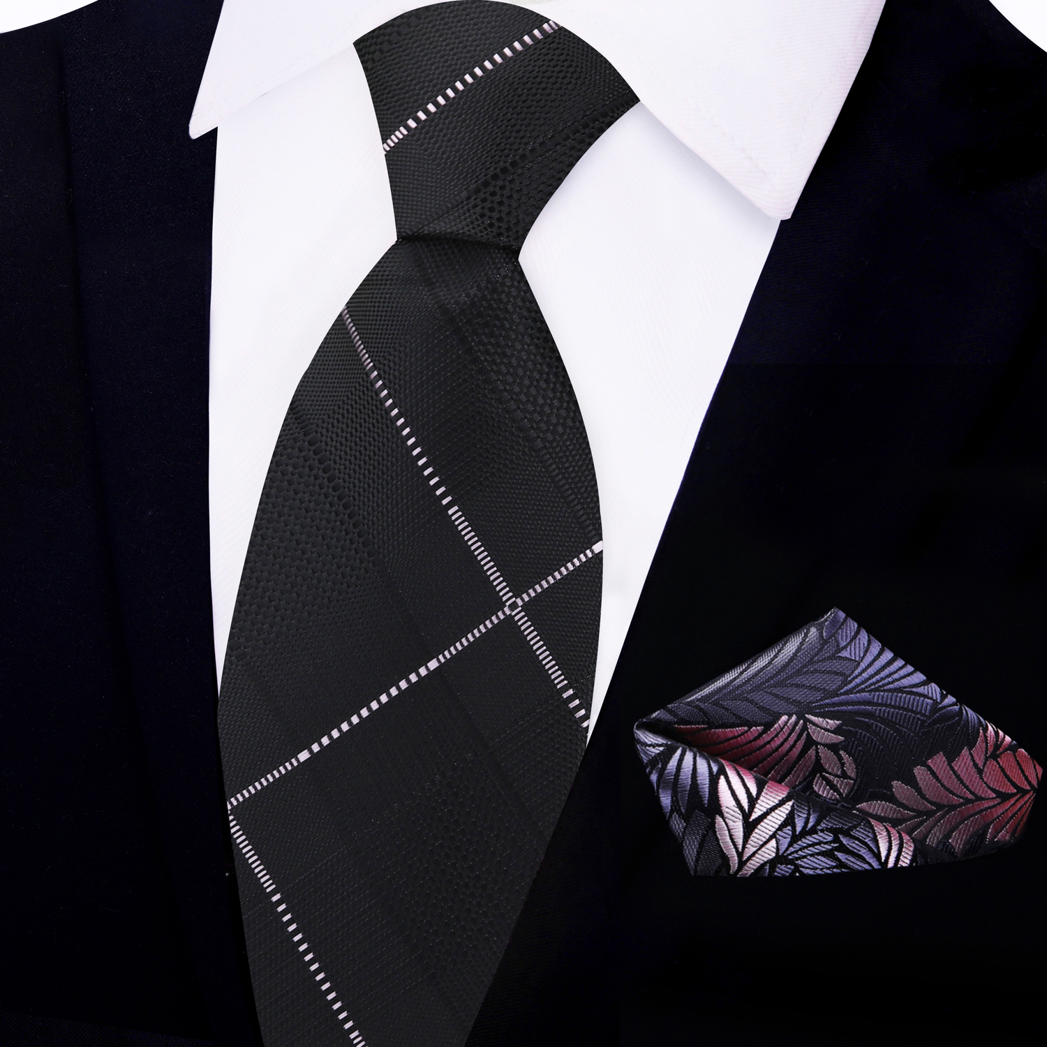 Black, Pink Plaid Tie and Grey, Pink Feather Square