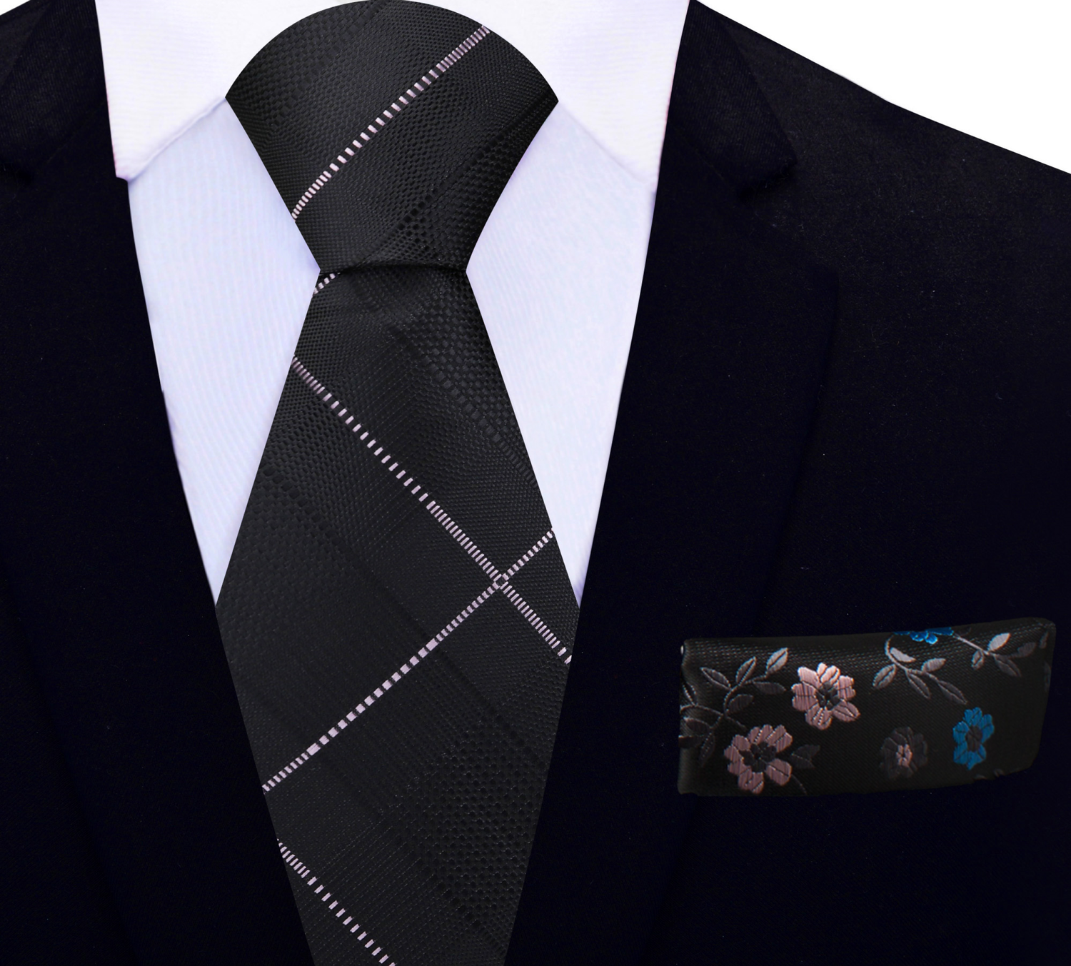 View 2: Black, Pink Plaid Tie and Black, Pink, Blue Floral Square