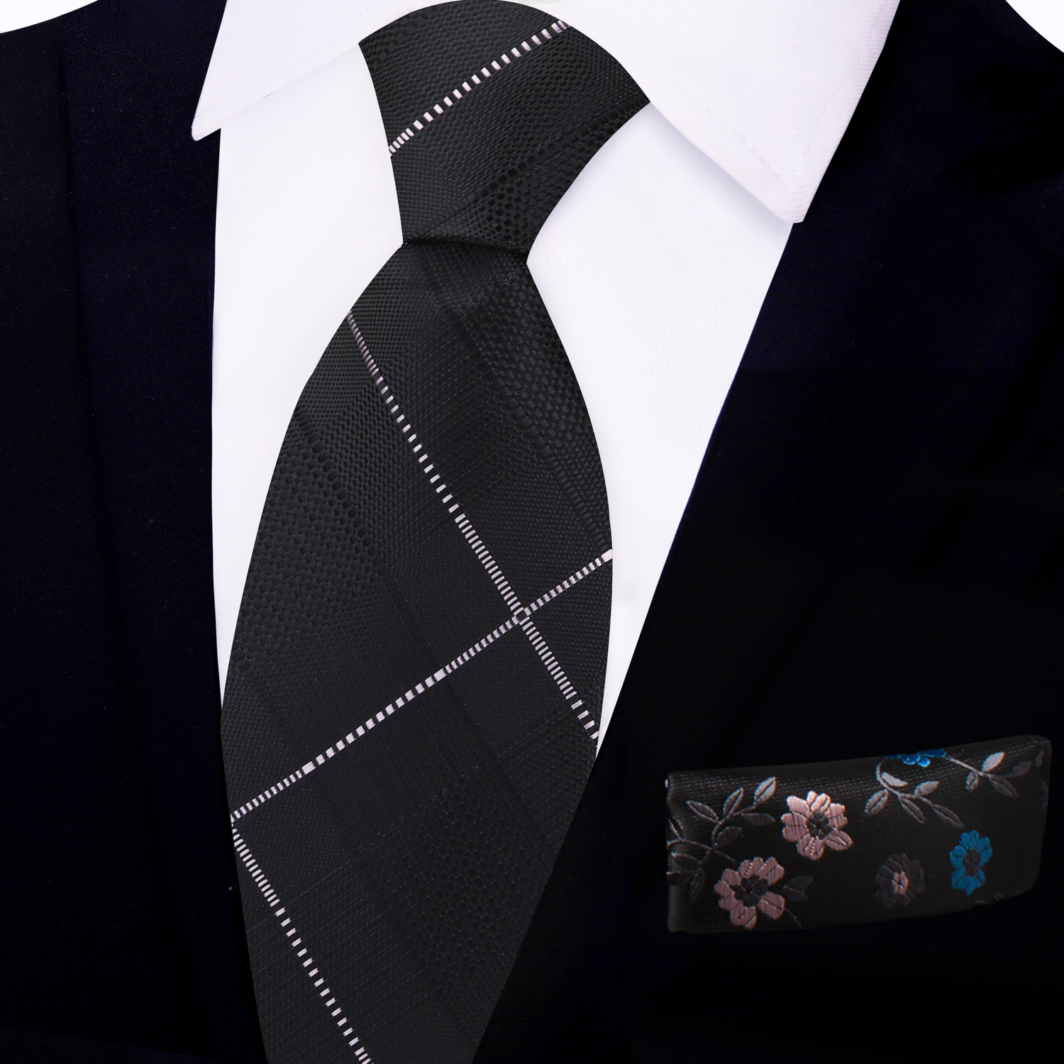 Black, Pink Plaid Tie and Black, Pink, Blue Floral Square