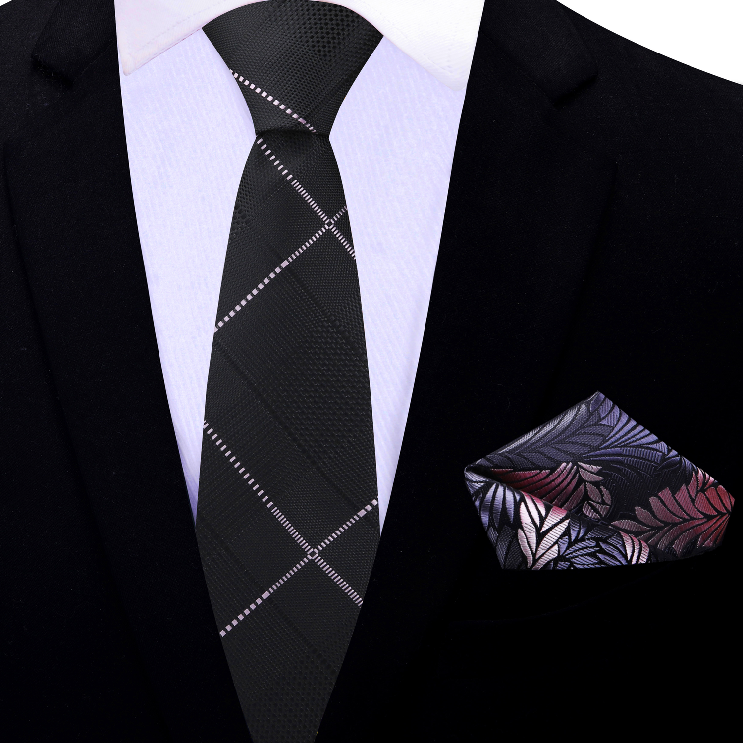 Thin Tie: Black, Pink Plaid Tie and Grey, Pink Feather Square