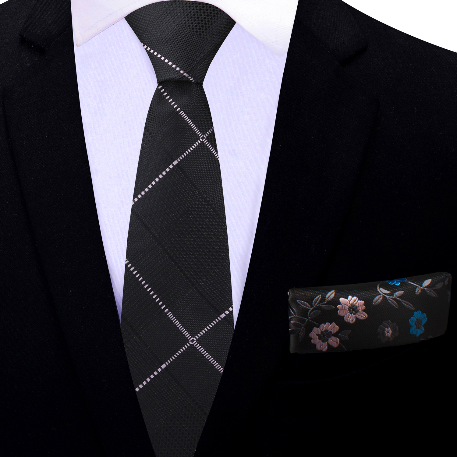 Thin Tie: Black, Pink Plaid Tie and Black, Pink, Blue Floral Square