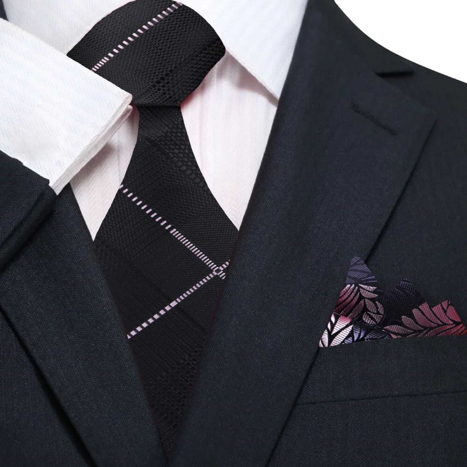 Main: Black, Pink Plaid Tie and Grey, Pink Feather Square