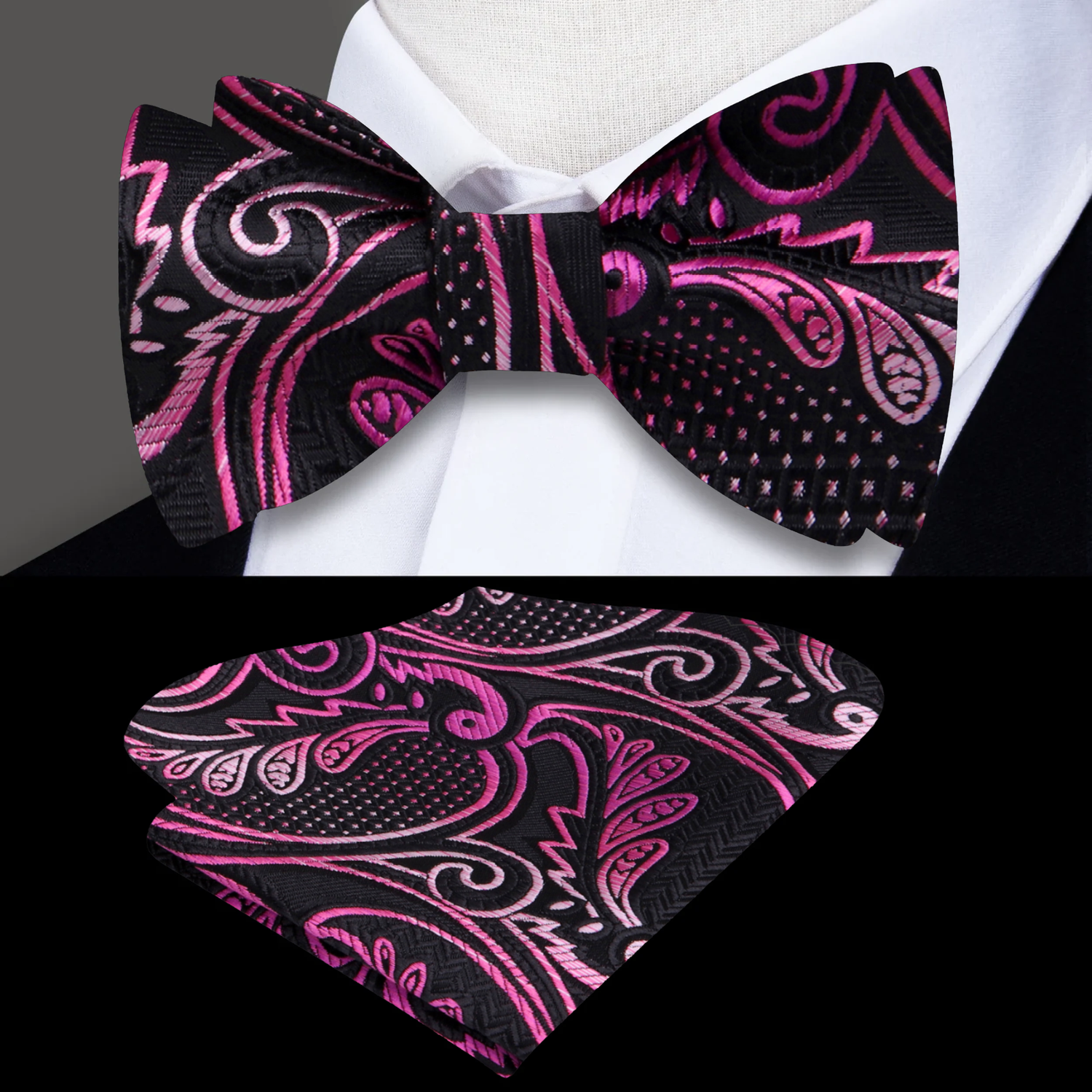 A Black, Pink Paisley Pattern Silk Self Tie Bow Tie, Matching Pocket Square