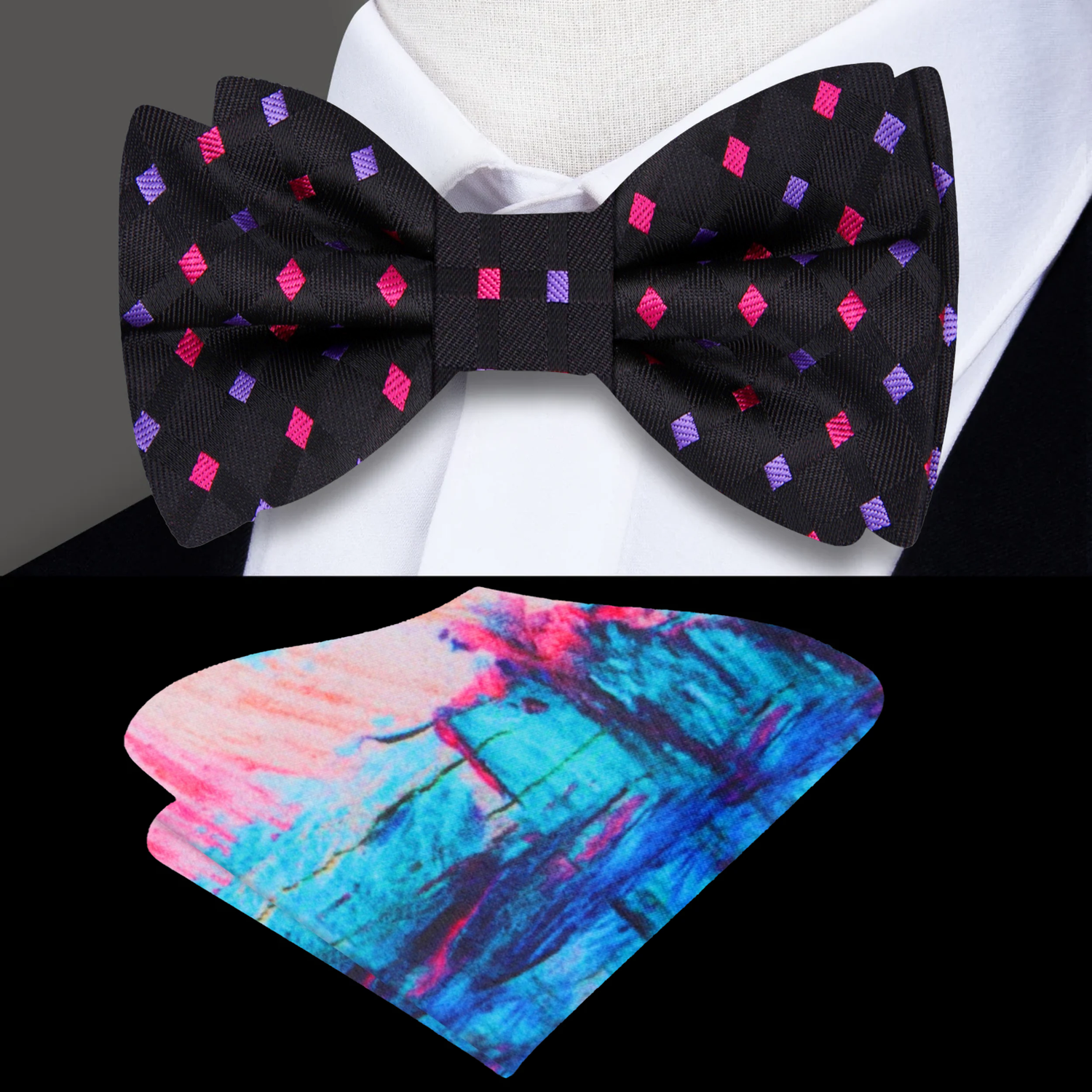 Black, Pink, Purple Geometric Bow Tie and Accenting Pocket Square