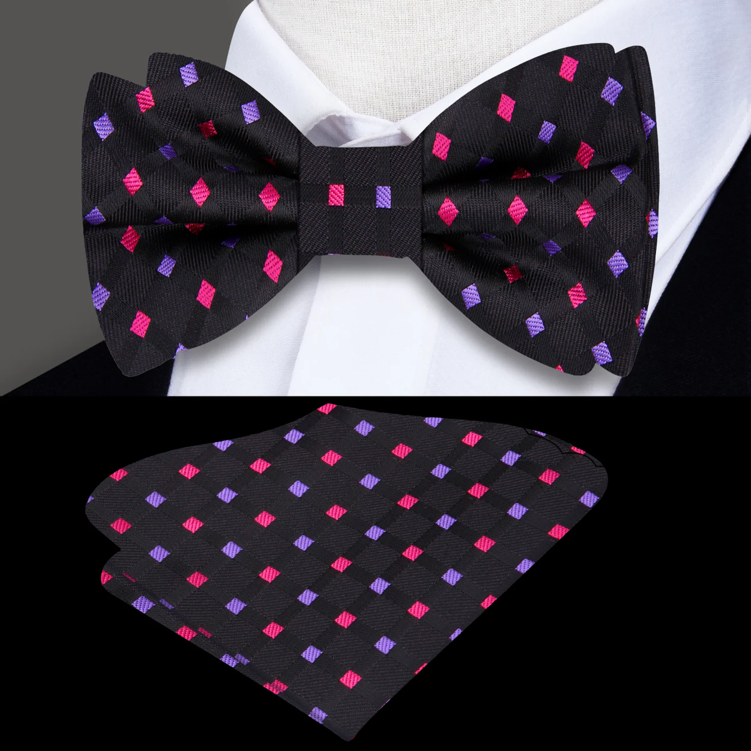 Black, Pink, Purple Geometric Bow Tie and Pocket Square