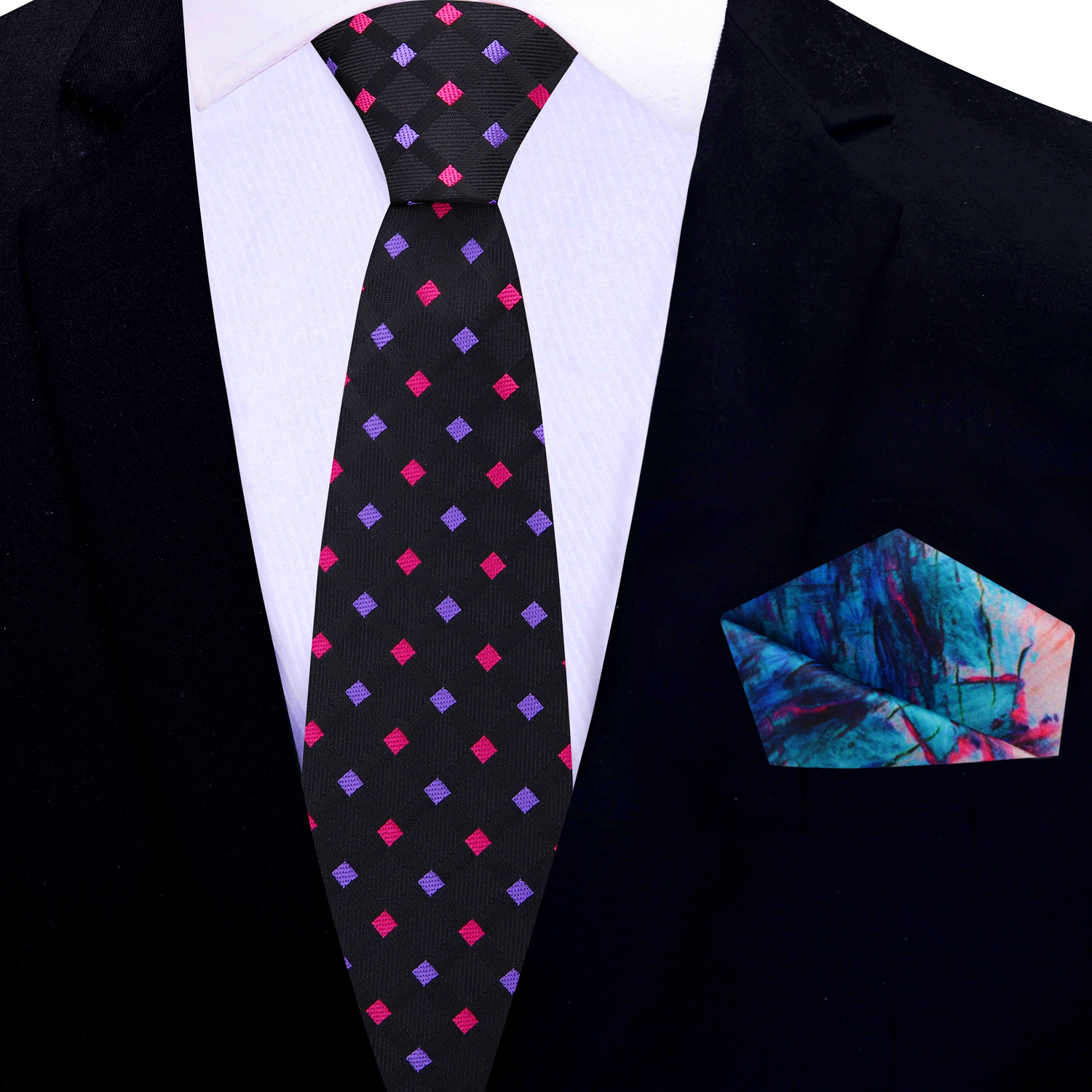 Thin  Black, Pink, Purple Geometric Tie and Accenting Pocket Square