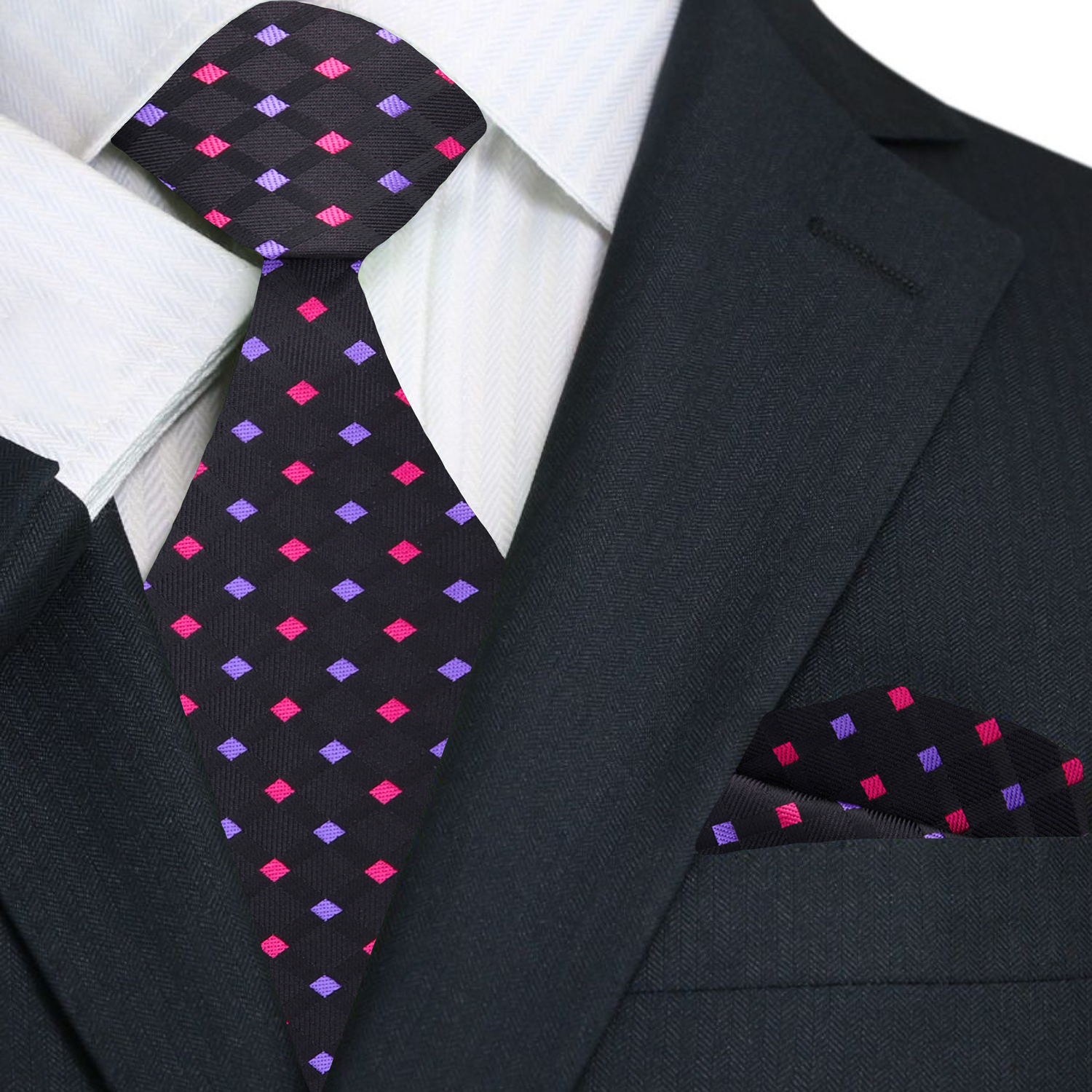 Premium: Black, Pink, Purple Geometric Tie and Pocket Square