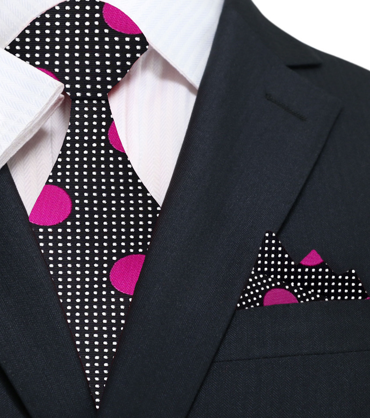 Main: A Black, Pink Dots Pattern Silk Necktie, Matching Pocket Square 