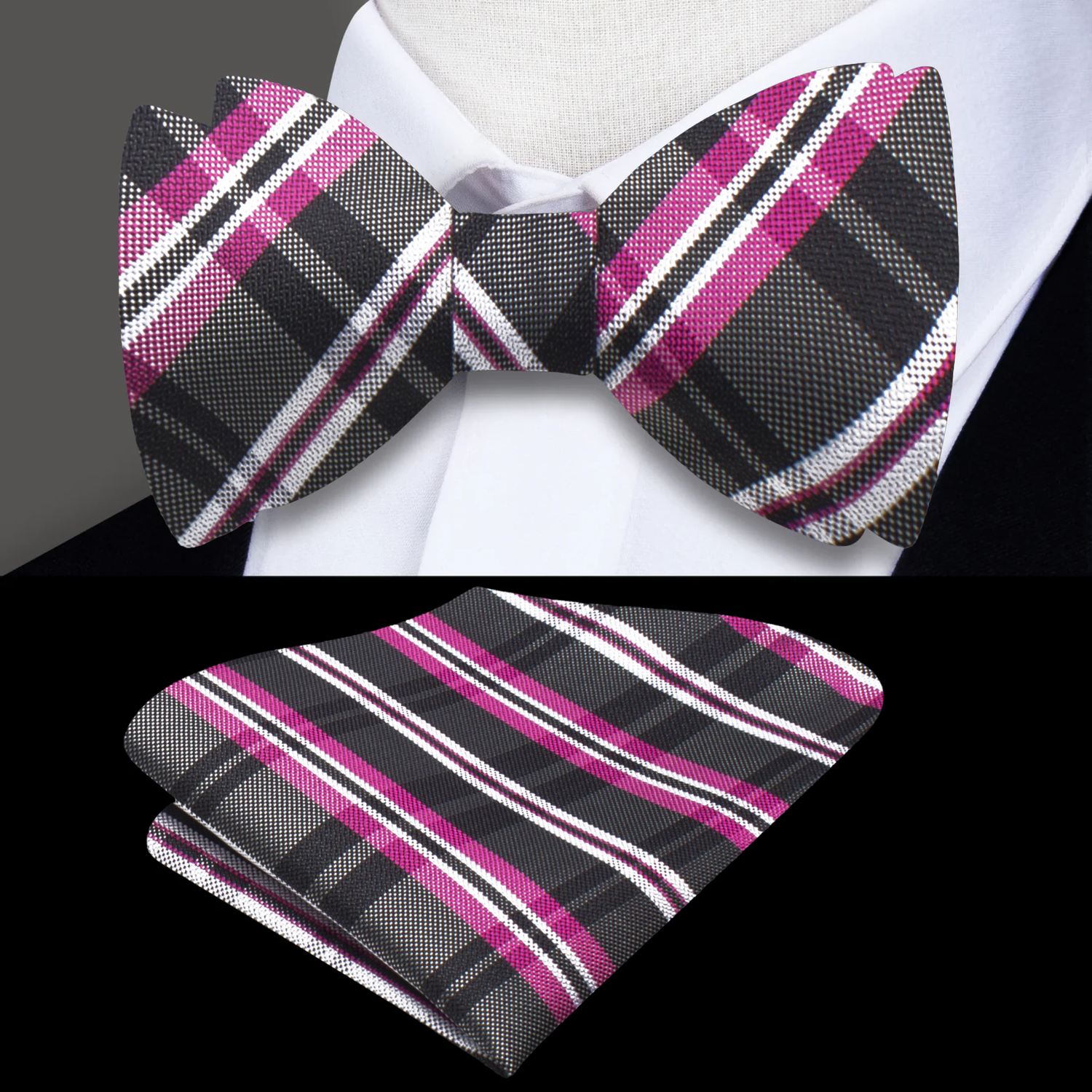 Black, White, Pink Plaid Bow Tie and Square