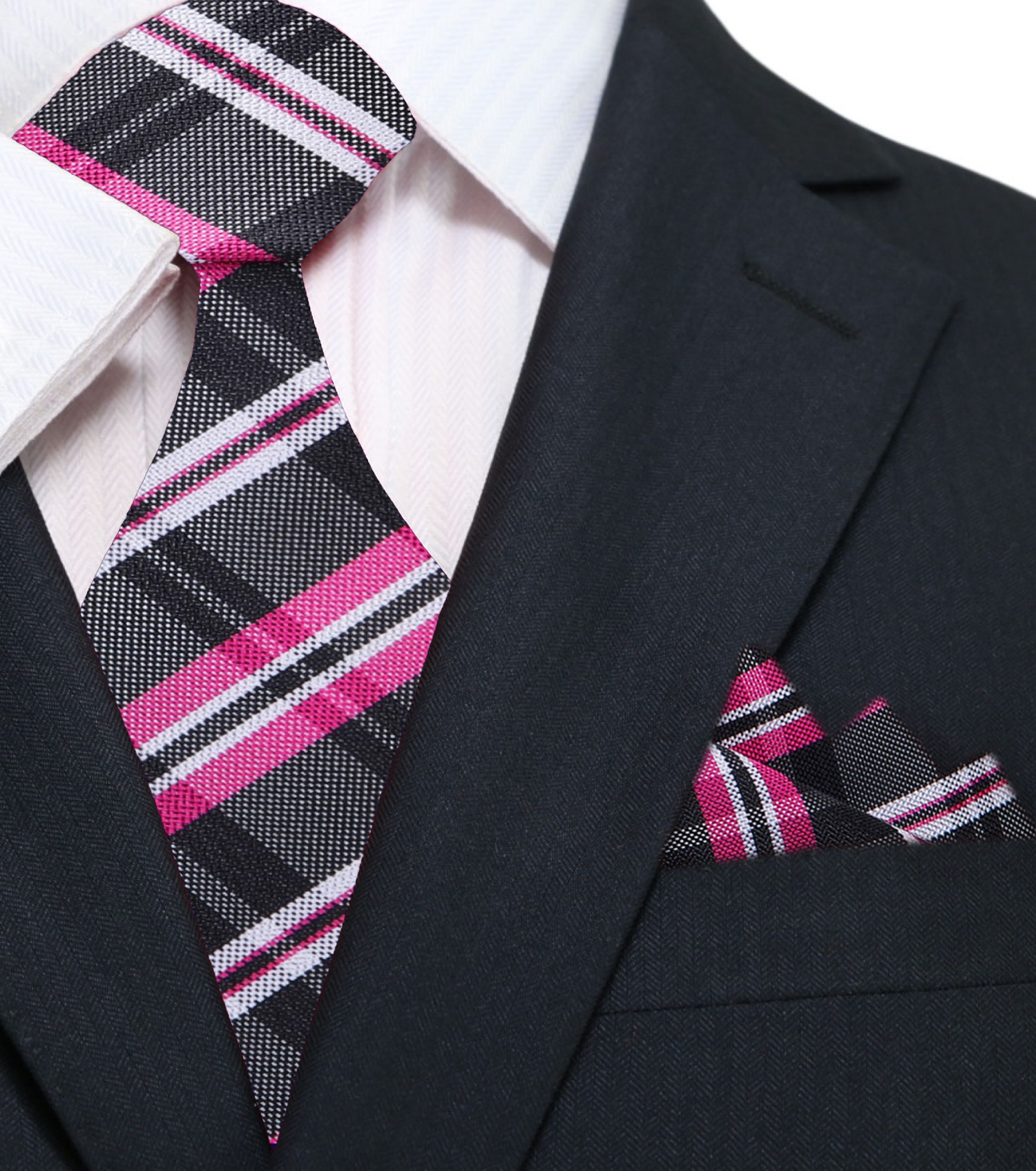 Main: A Pink, Black Plaid Pattern Silk Necktie, Matching Pocket Square