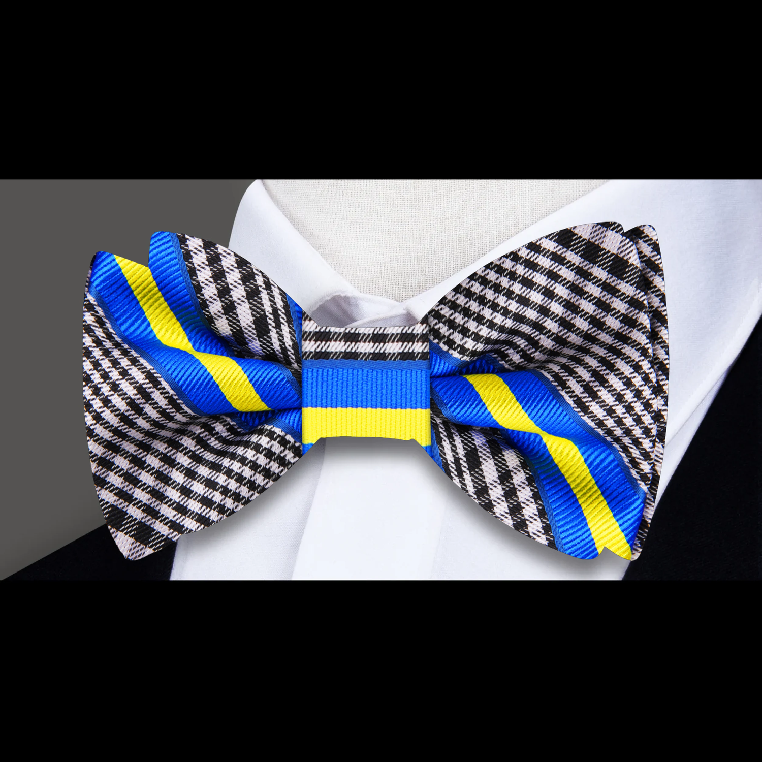 Black Plaid with Blue Yellow Stripe Bow Tie