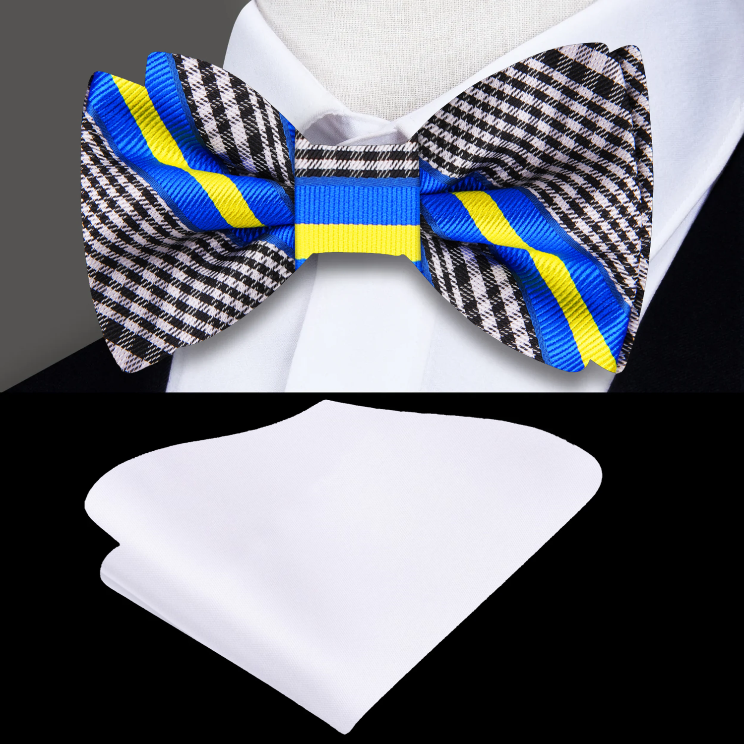 Black Plaid with Blue Yellow Stripe Bow Tie and White Square