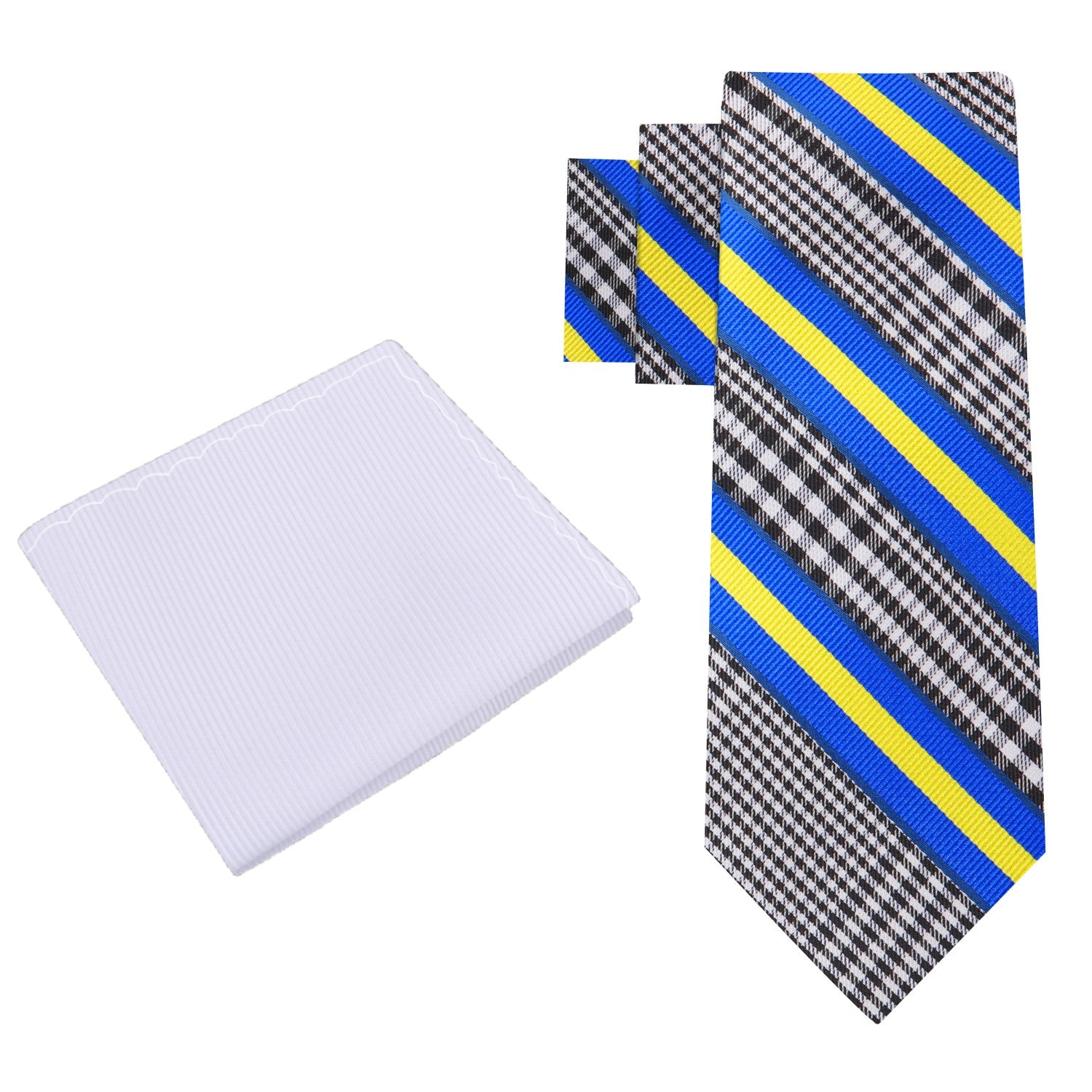 View 2: Black Grey Plaid Blue Yellow Stripe Necktie and White Square