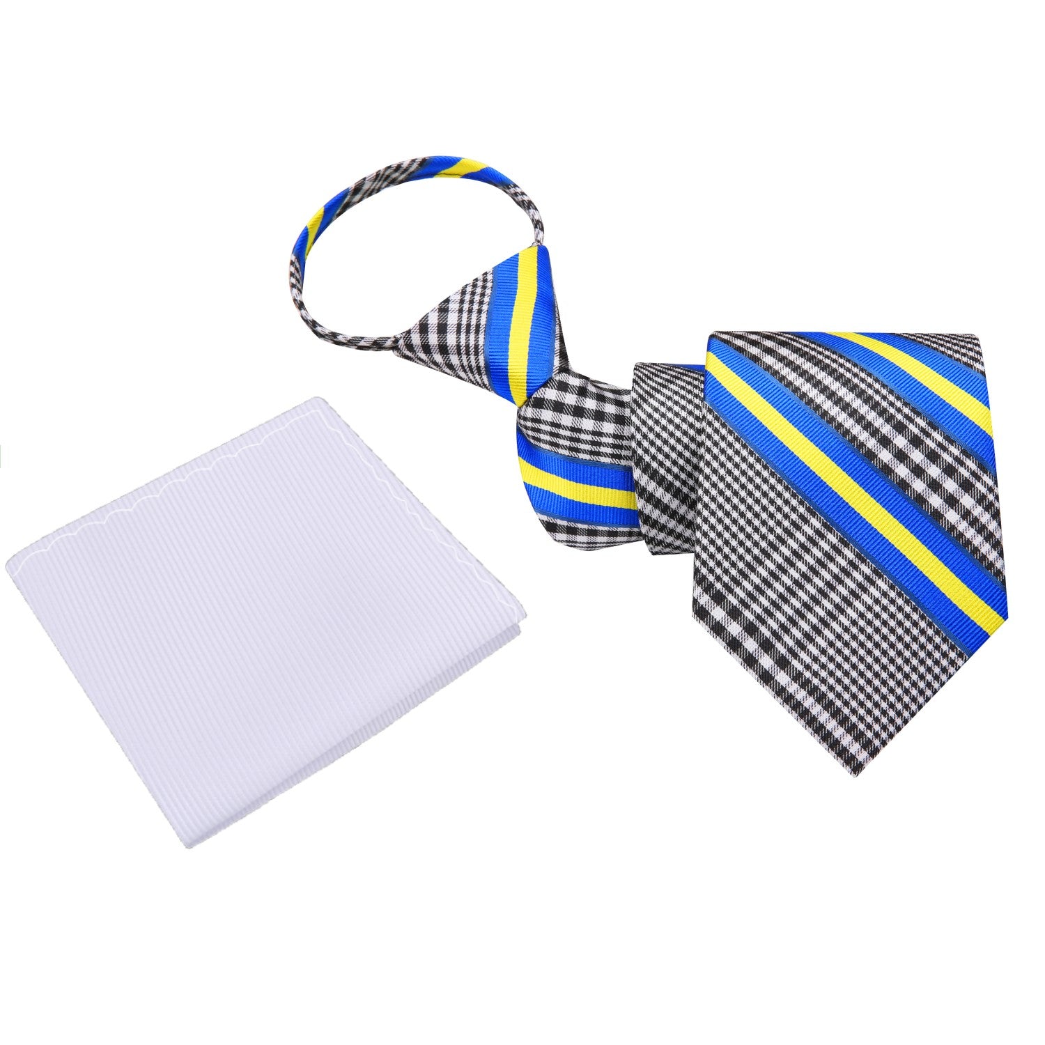 Zip: Black Grey Plaid Blue Yellow Stripe Necktie and White Square