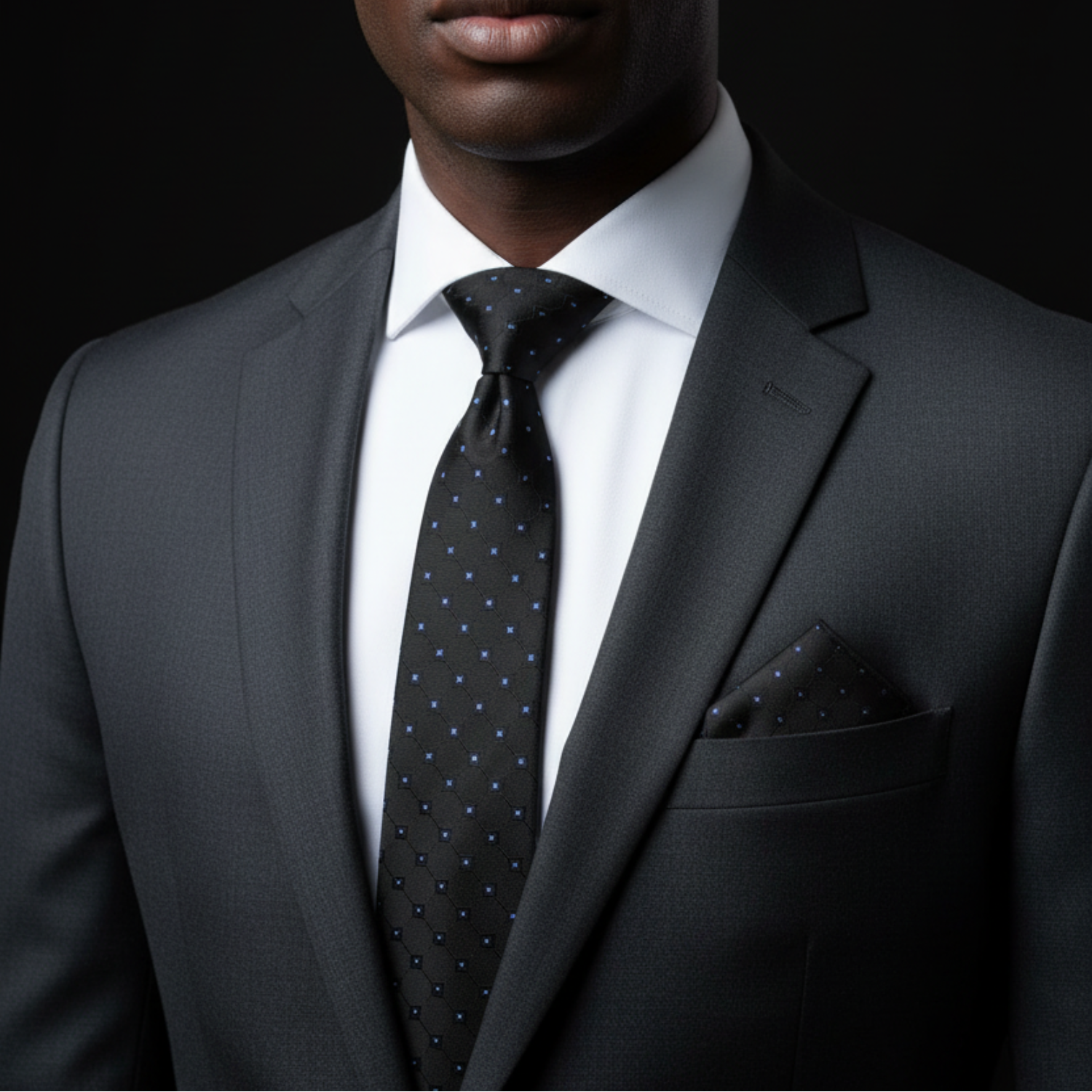 Man wearing a dark suit with a patterned tie against a black background