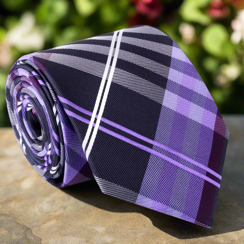 Black, Grey and Purple Plaid Necktie