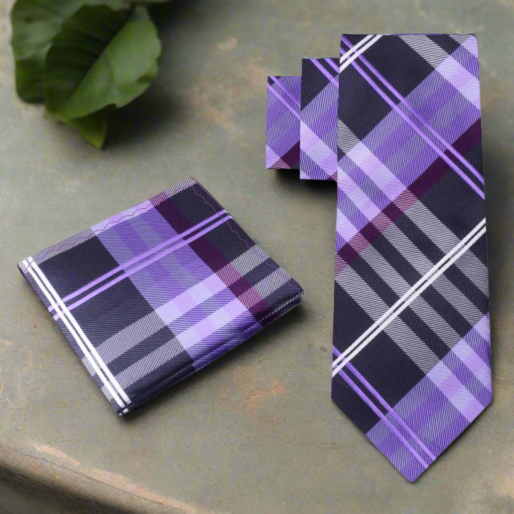 Alt Black, Grey and Purple Plaid Necktie and Square