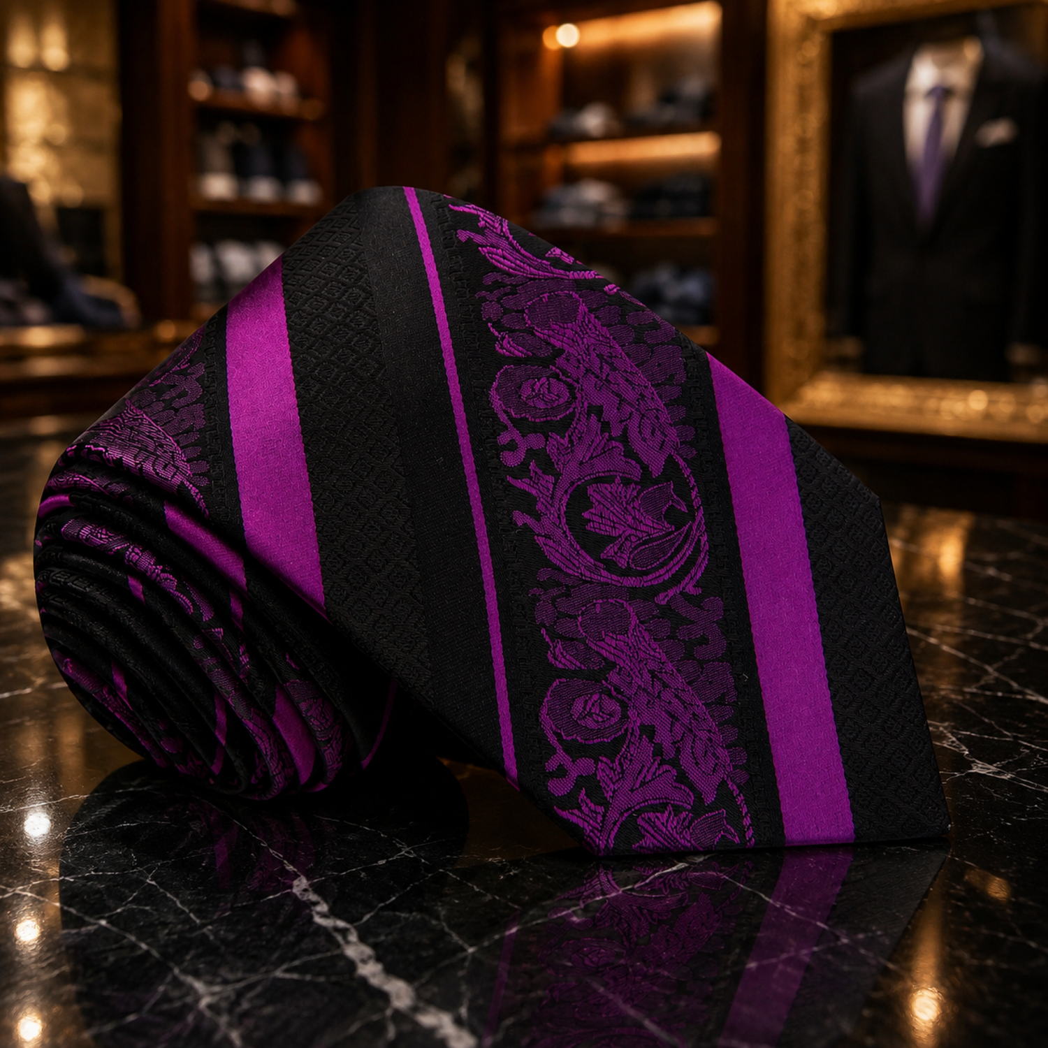A rolled necktie with a black and purple patterned design, featuring vertical purple stripes and a central ornate floral motif, displayed on a dark marble surface in a luxury shop setting.