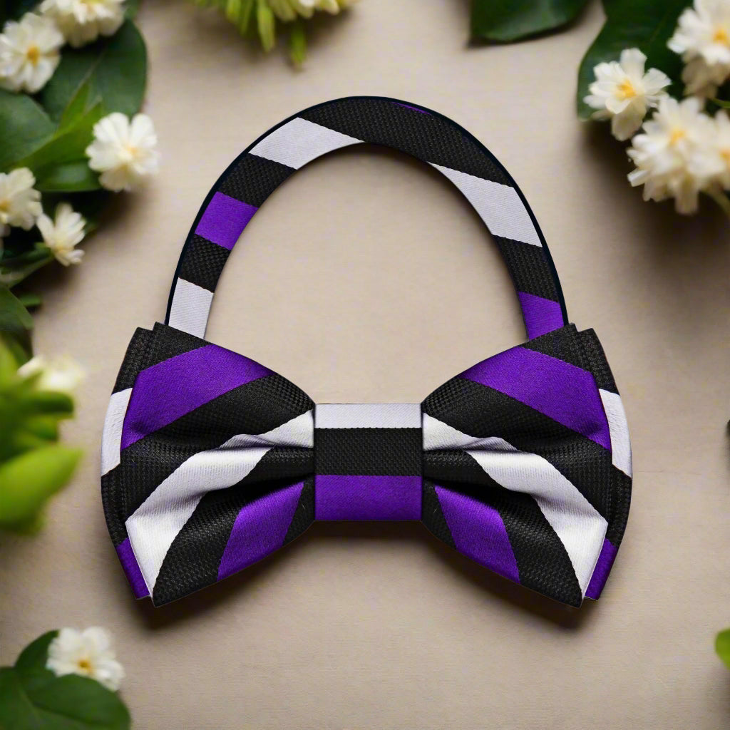 Black Purple Light Silver Stripe Pre Tied  Bow Tie