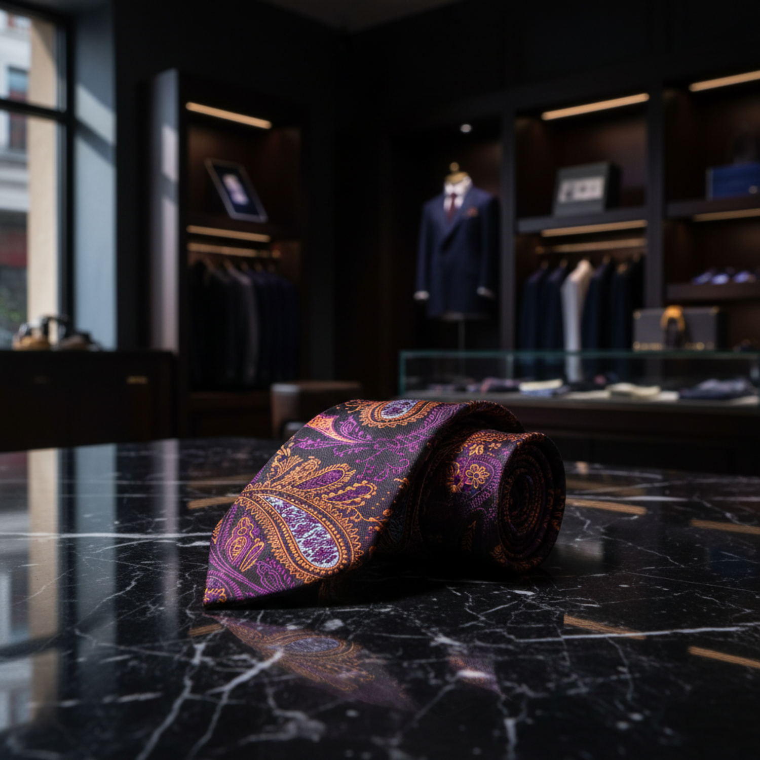 A rolled and folded necktie with a purple, orange, and gold paisley pattern displayed on a polished black marble surface inside a luxury clothing boutique.