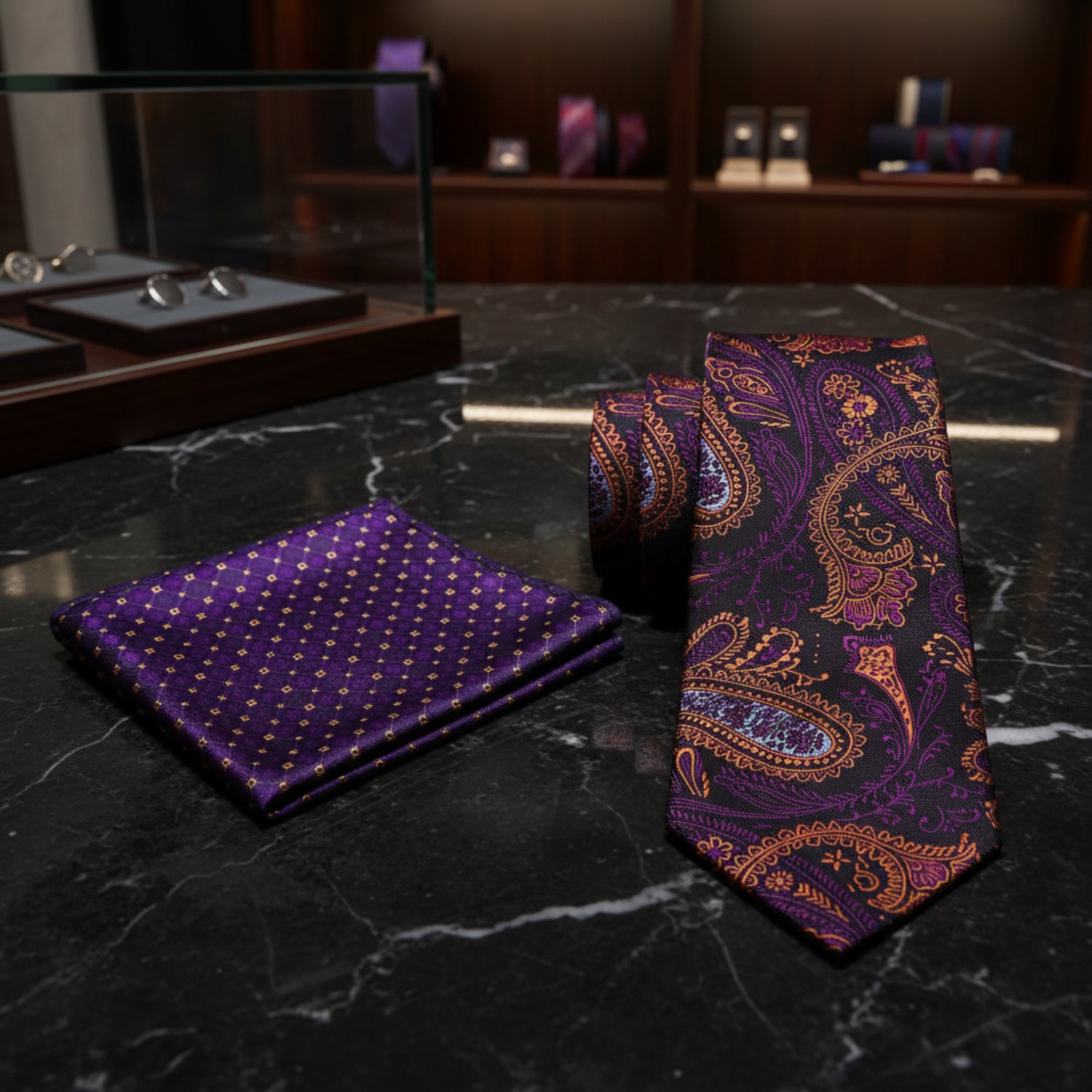 A men's necktie and matching pocket square set on a plain white background. The necktie features a dark purple base with an intricate paisley pattern in orange, gold, and light blue.