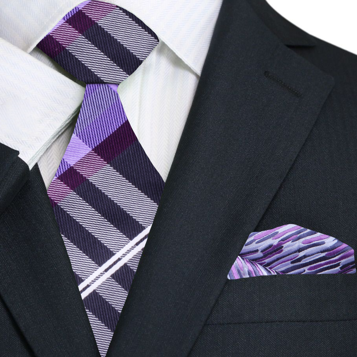 Black, Grey and Purple Plaid Necktie and Accenting Square