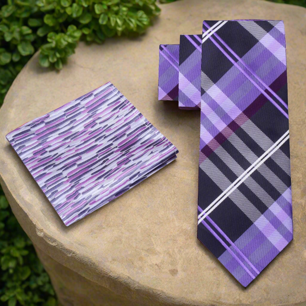 Alt Black, Grey and Purple Plaid Necktie and Accenting Square