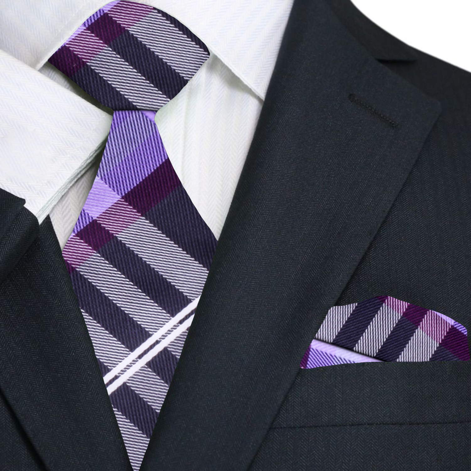 Black, Grey and Purple Plaid Necktie and Square