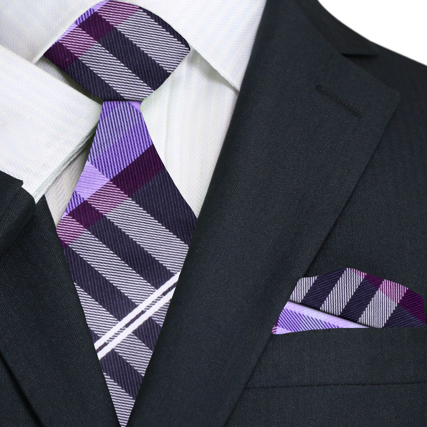Main: A Black, Purple, White Plaid Pattern Necktie With Matching Pocket Square||Purple, Black, White