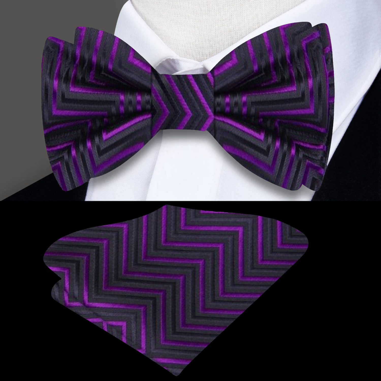 Black, Purple Geometric Bow Tie and Pocket Square||Black, Indigo