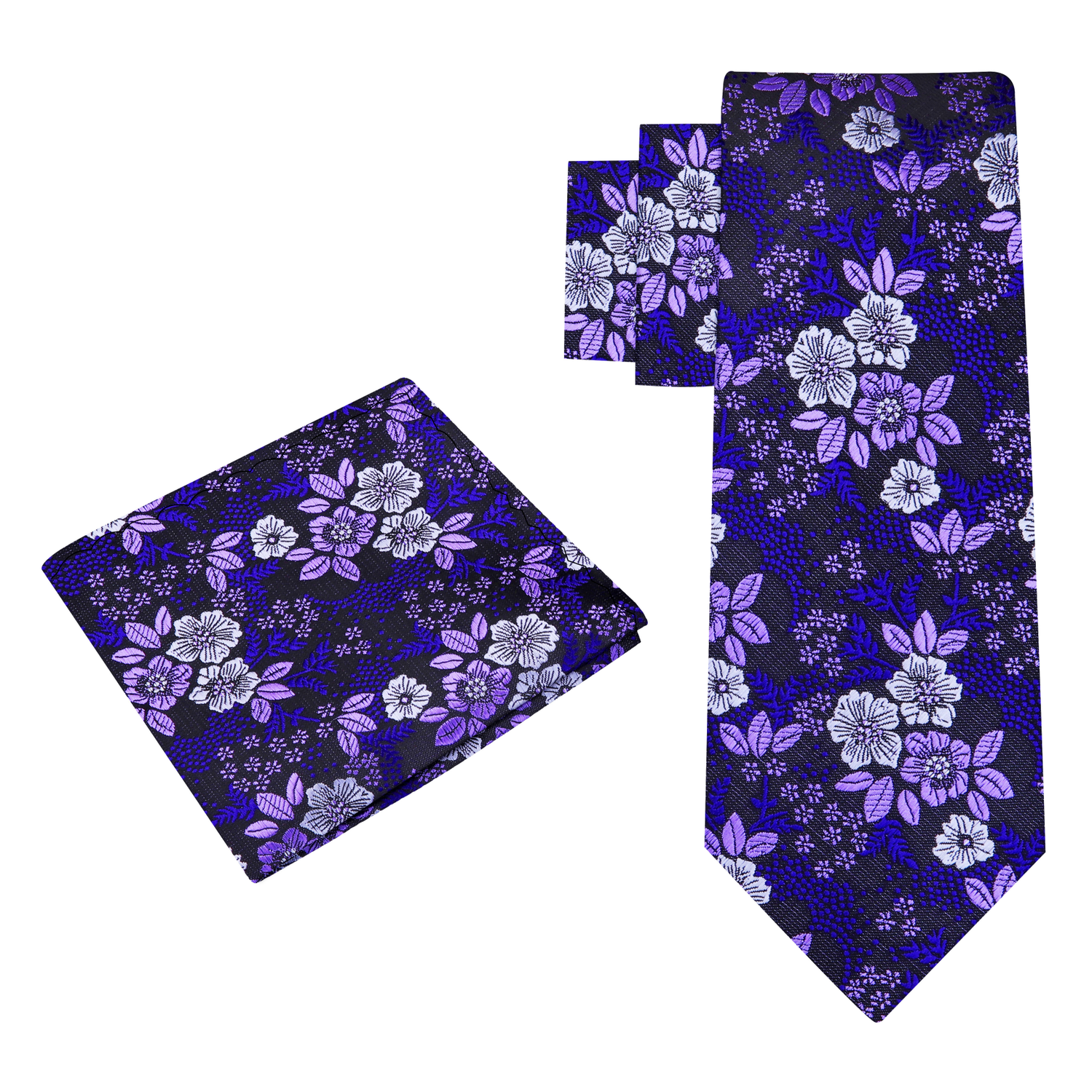 View 2: A Dark Purple, Purple, White Floral Pattern Necktie With Matching Pocket Square