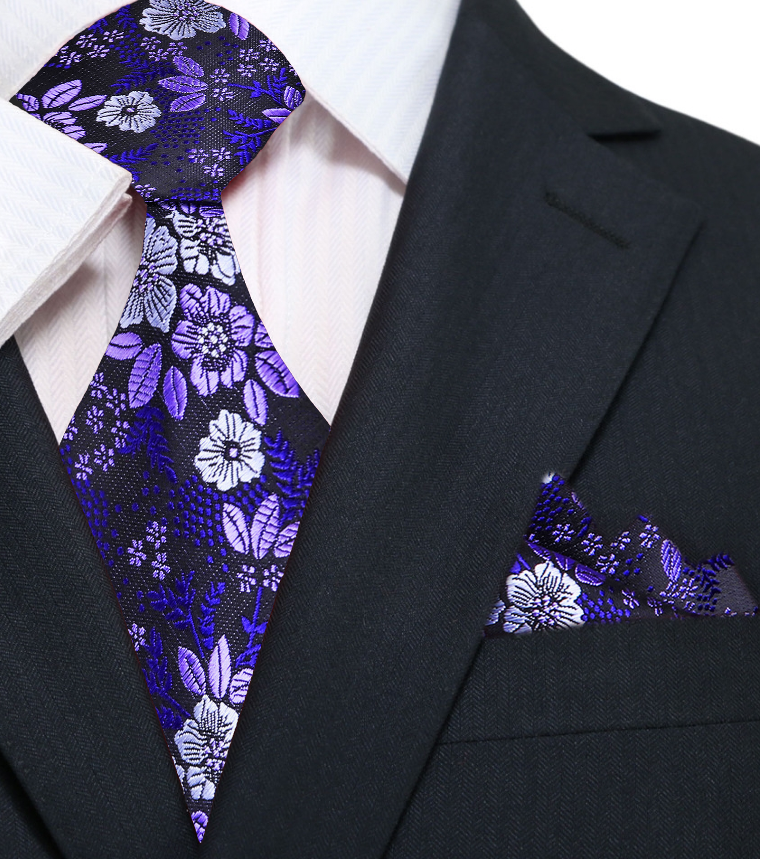 A Dark Purple, Purple, White Floral Pattern Necktie With Matching Pocket Square