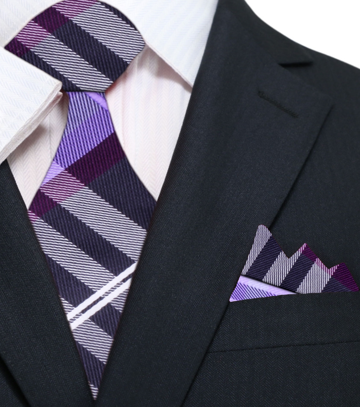 Main: A Black, Purple, White Plaid Pattern Necktie With Matching Pocket Square||Purple, Black, White