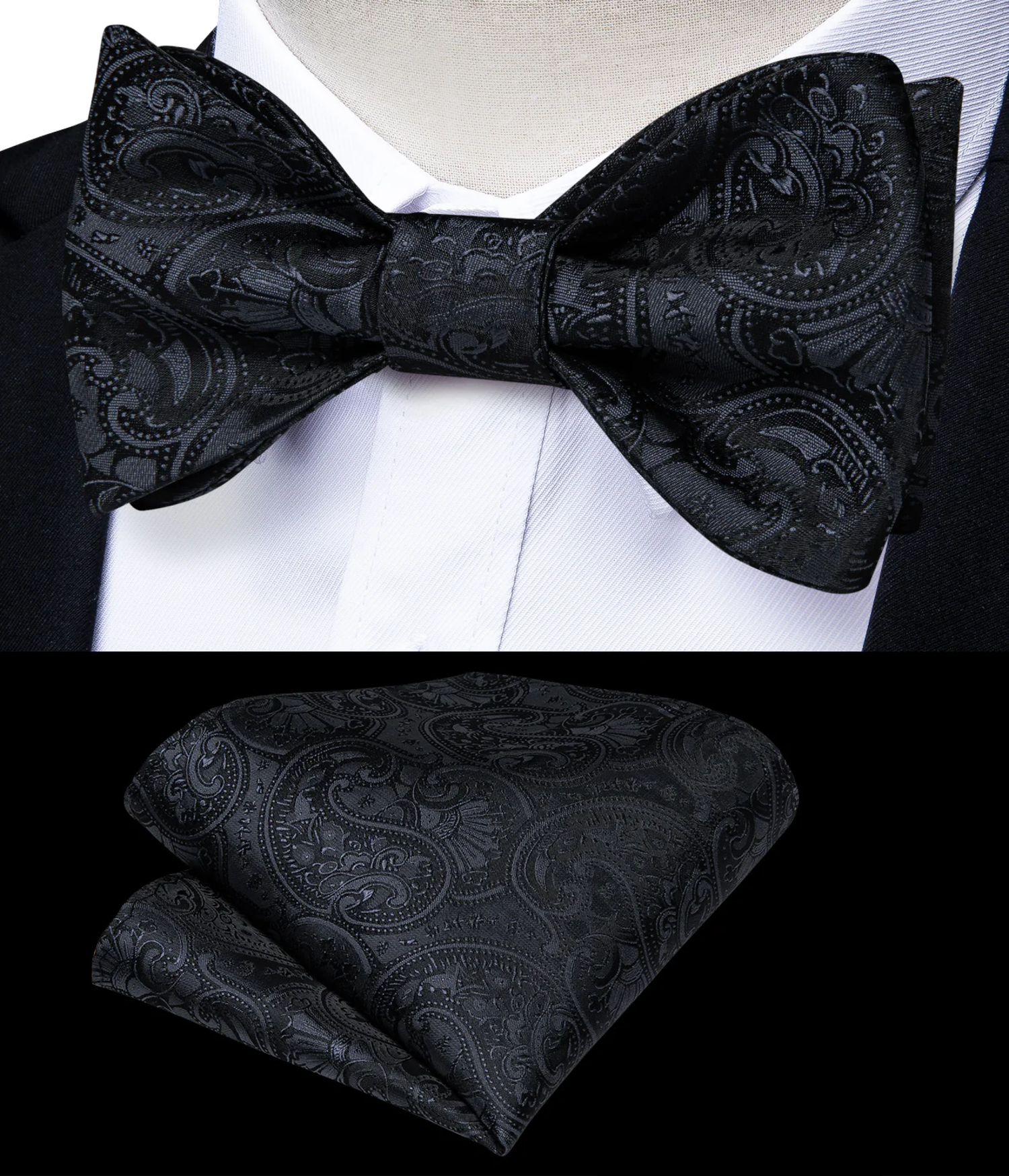 A Black, Graphite Paisley Pattern Silk Self Tie Bow Tie, Matching Pocket Square