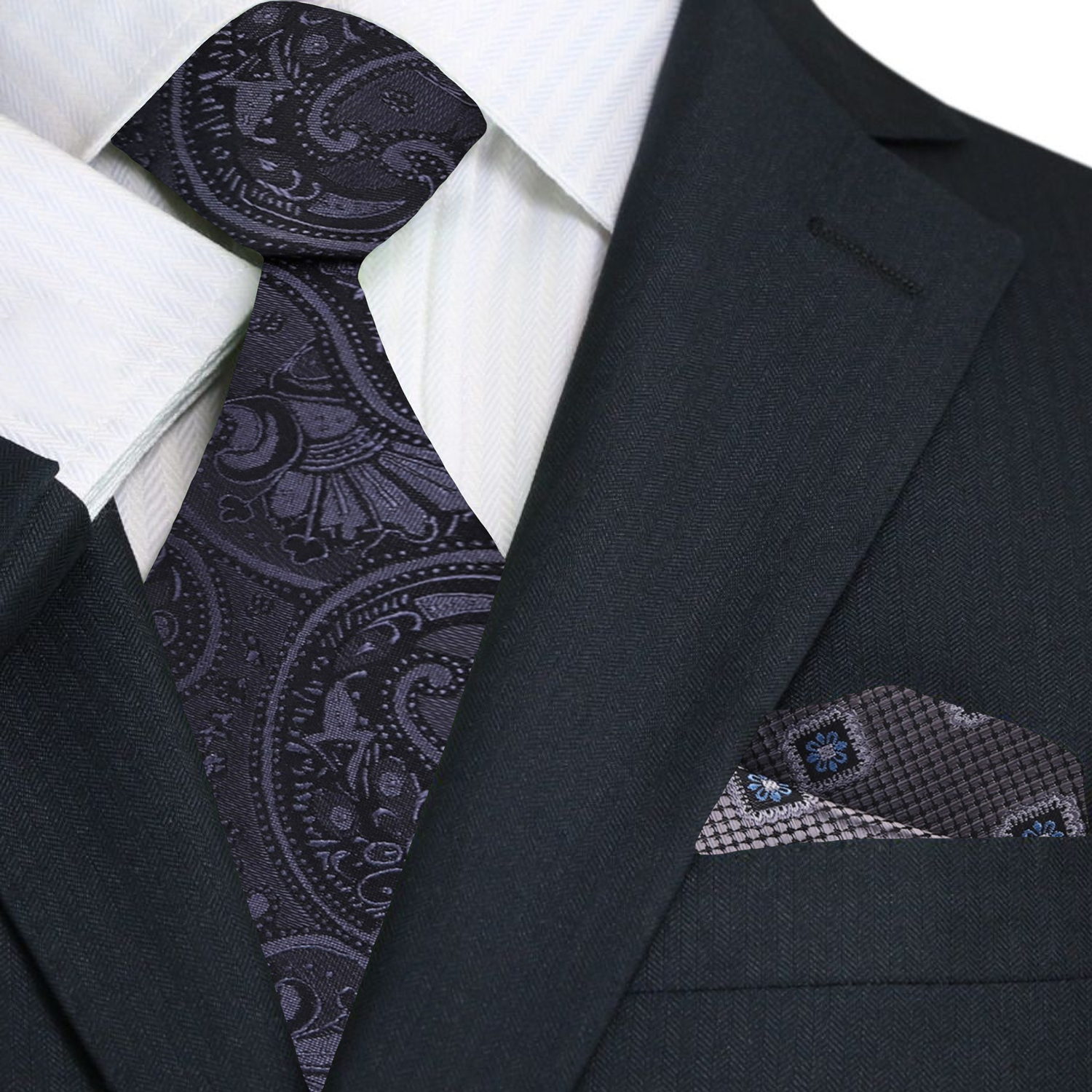 Premium A Black, Graphite Paisley Pattern Silk Necktie and Accenting Pocket Square