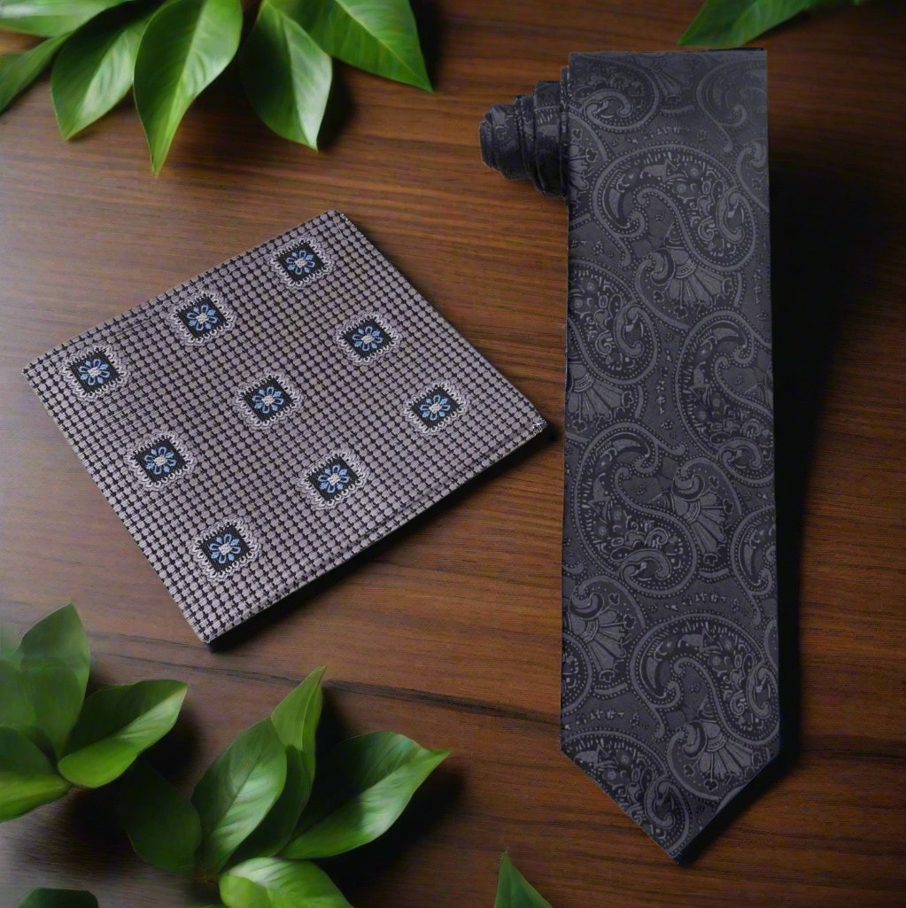 Premium A Black, Graphite Paisley Pattern Silk Necktie and Accenting Pocket Square